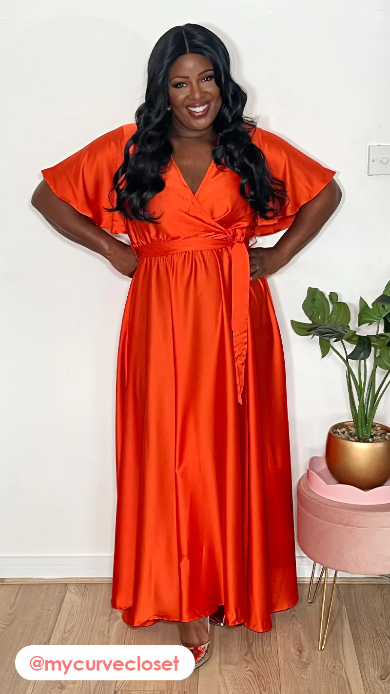 CurveWow Angel Sleeve Satin Maxi Dress Orange - Image 4