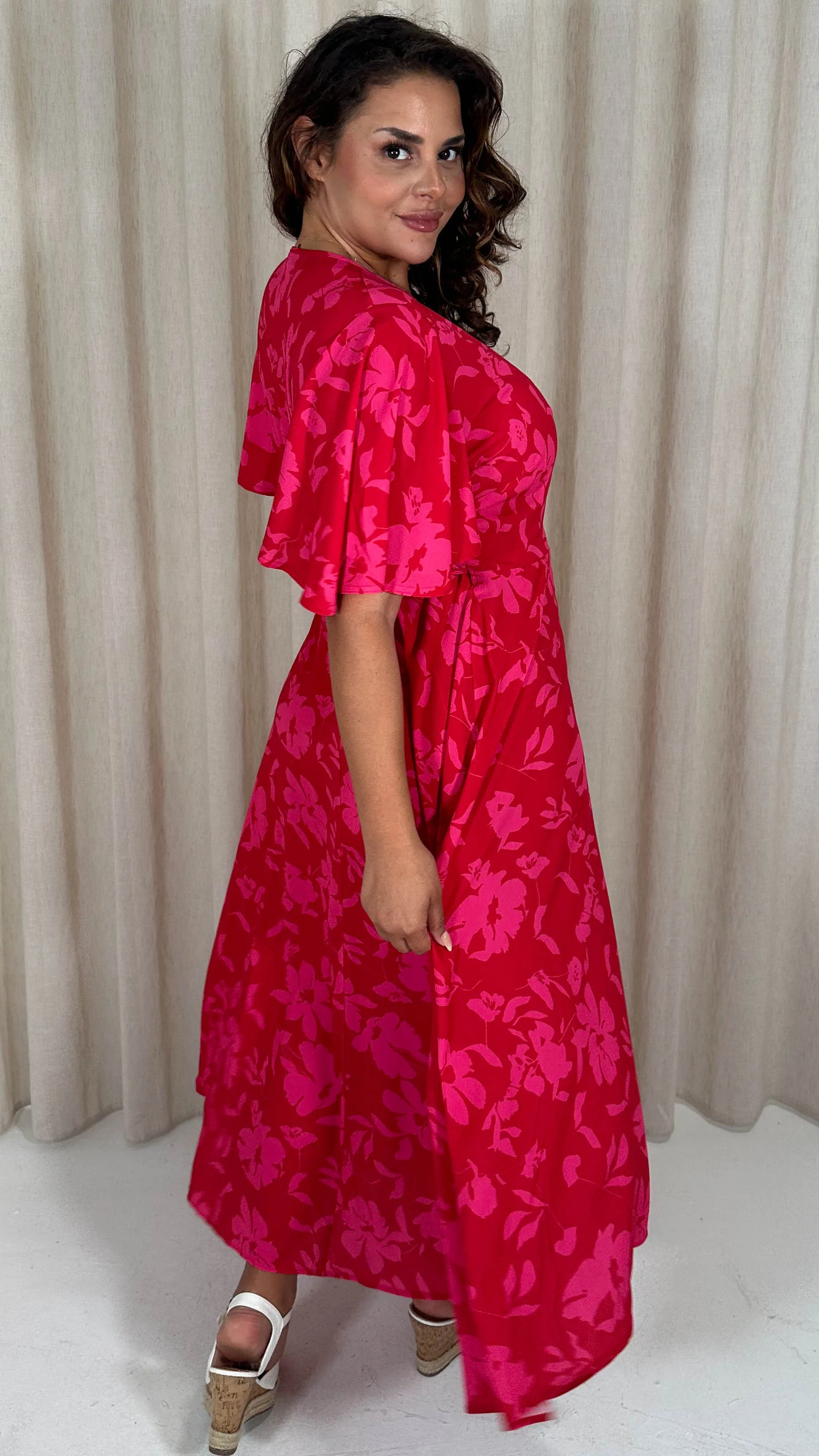 CurveWow Angel Sleeve Wrap Dress Red/Pink - Image 8