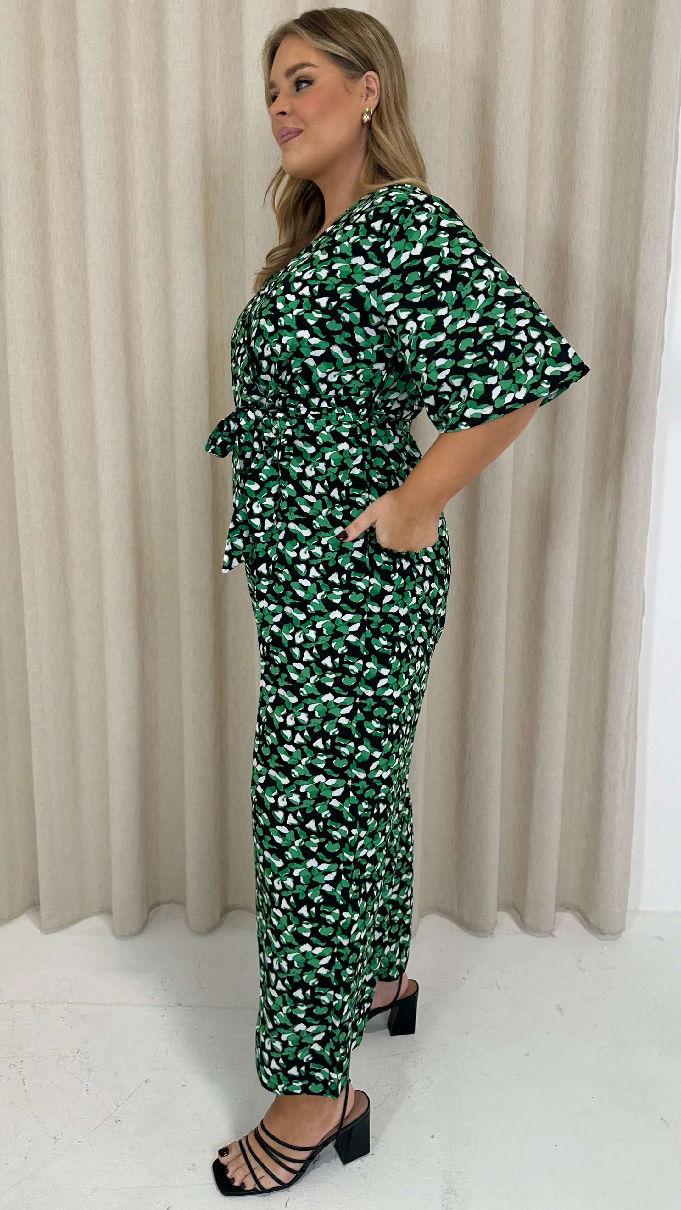 CurveWow Angel Sleeve Wrap Jumpsuit Tie Waist Green Smudge - Image 5