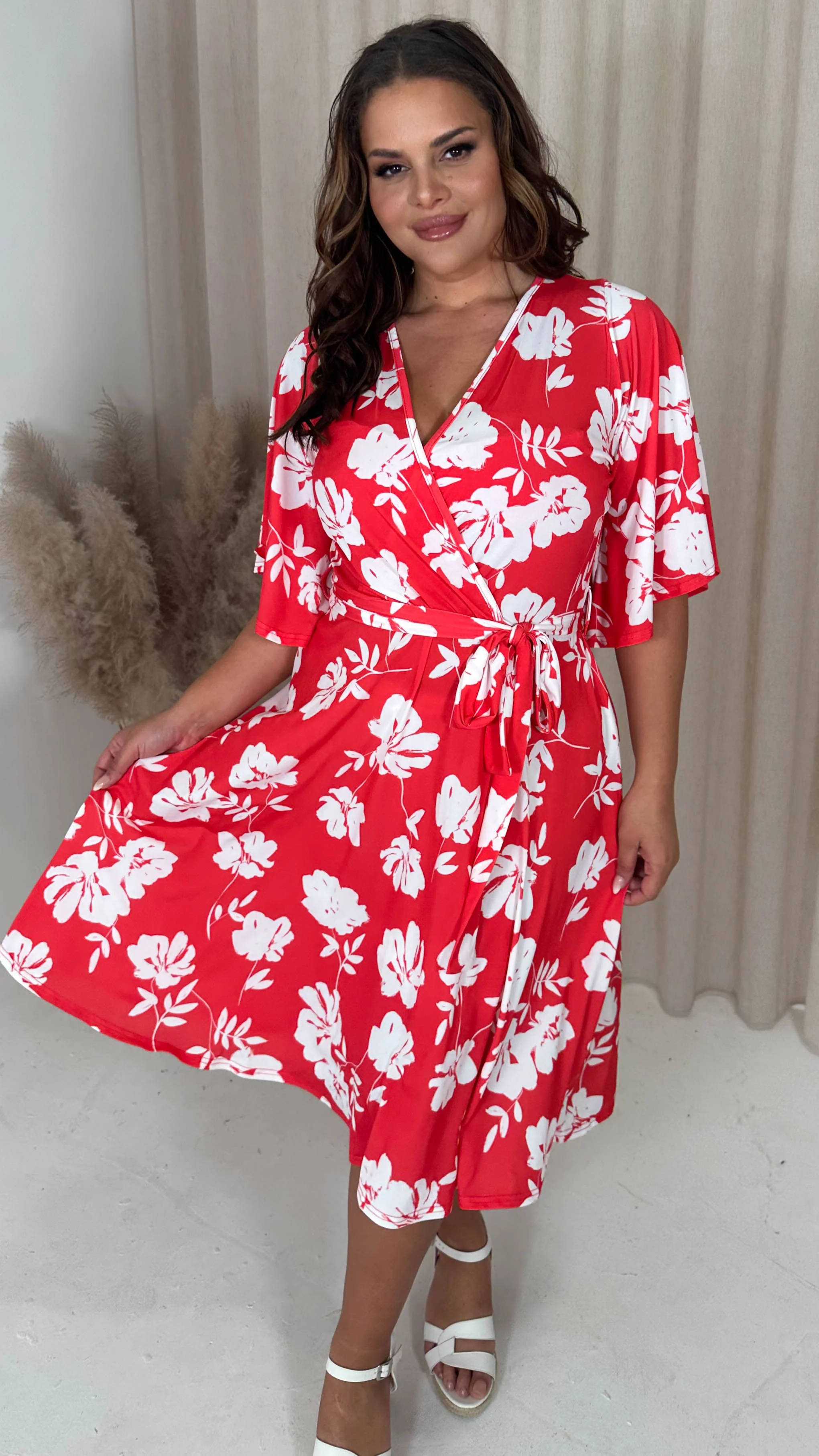 CurveWow Angel Sleeve Wrap Midi Dress Red Floral - Image 3