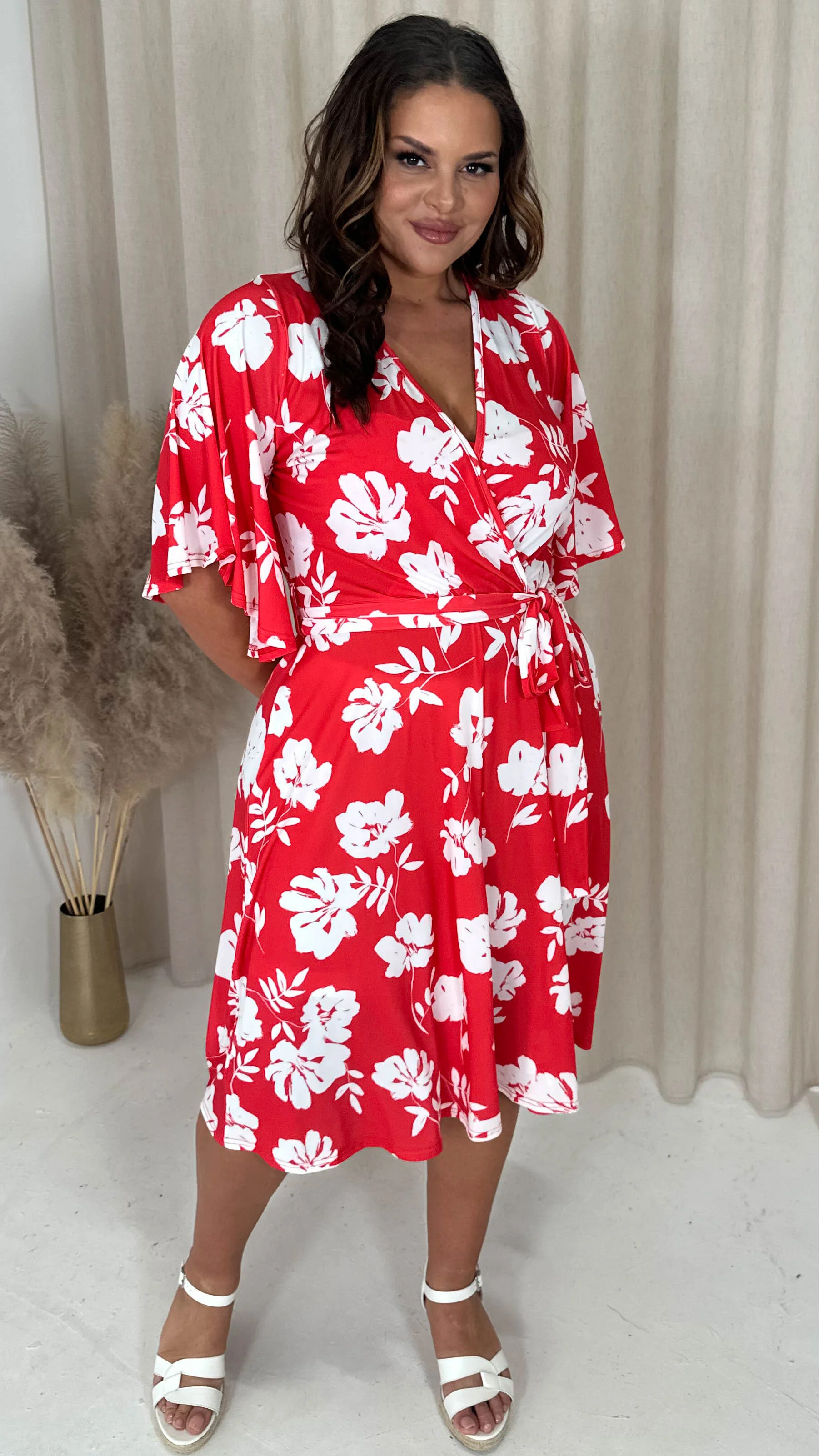 CurveWow Angel Sleeve Wrap Midi Dress Red Floral - Image 5