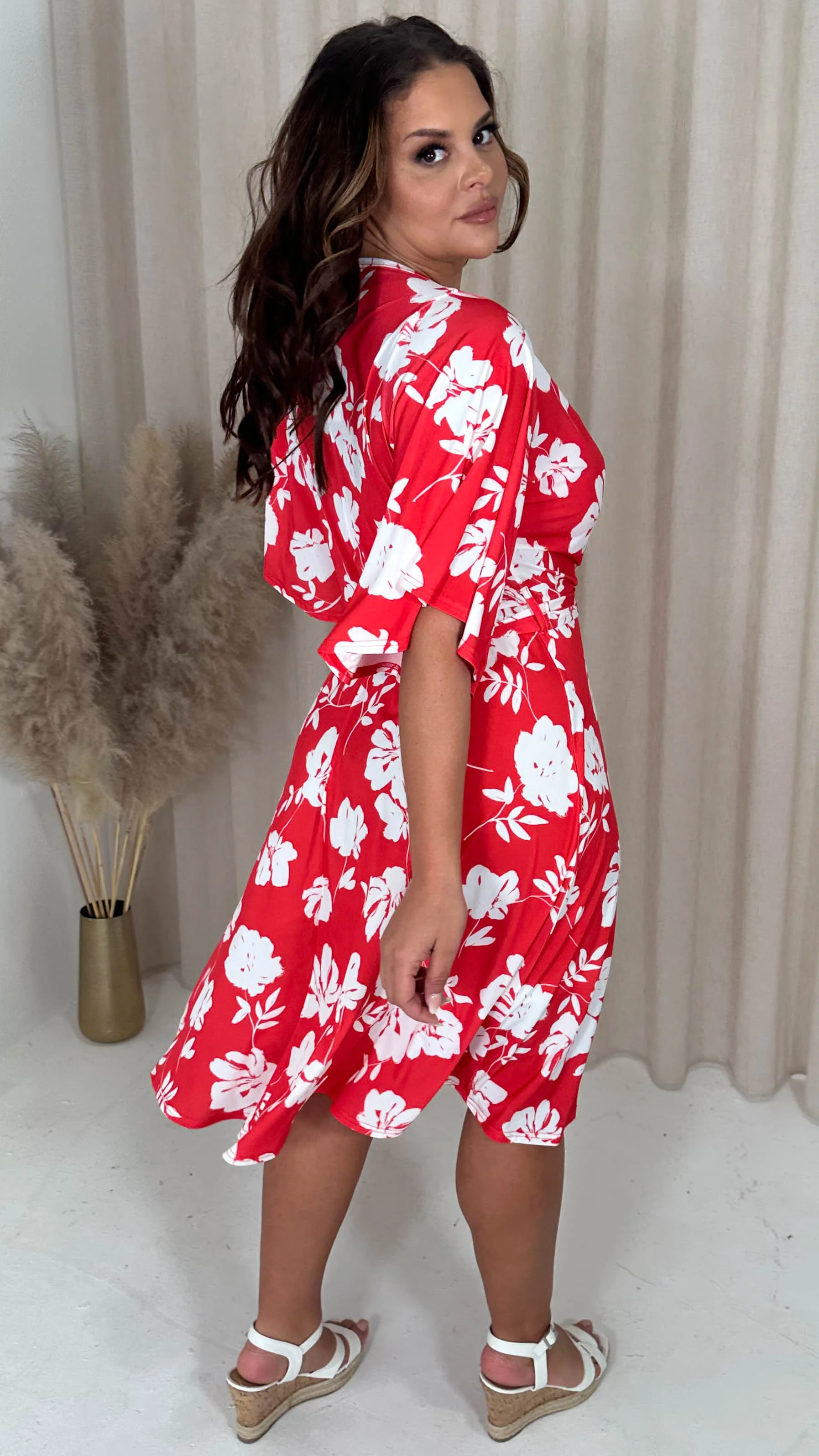 CurveWow Angel Sleeve Wrap Midi Dress Red Floral - Image 7