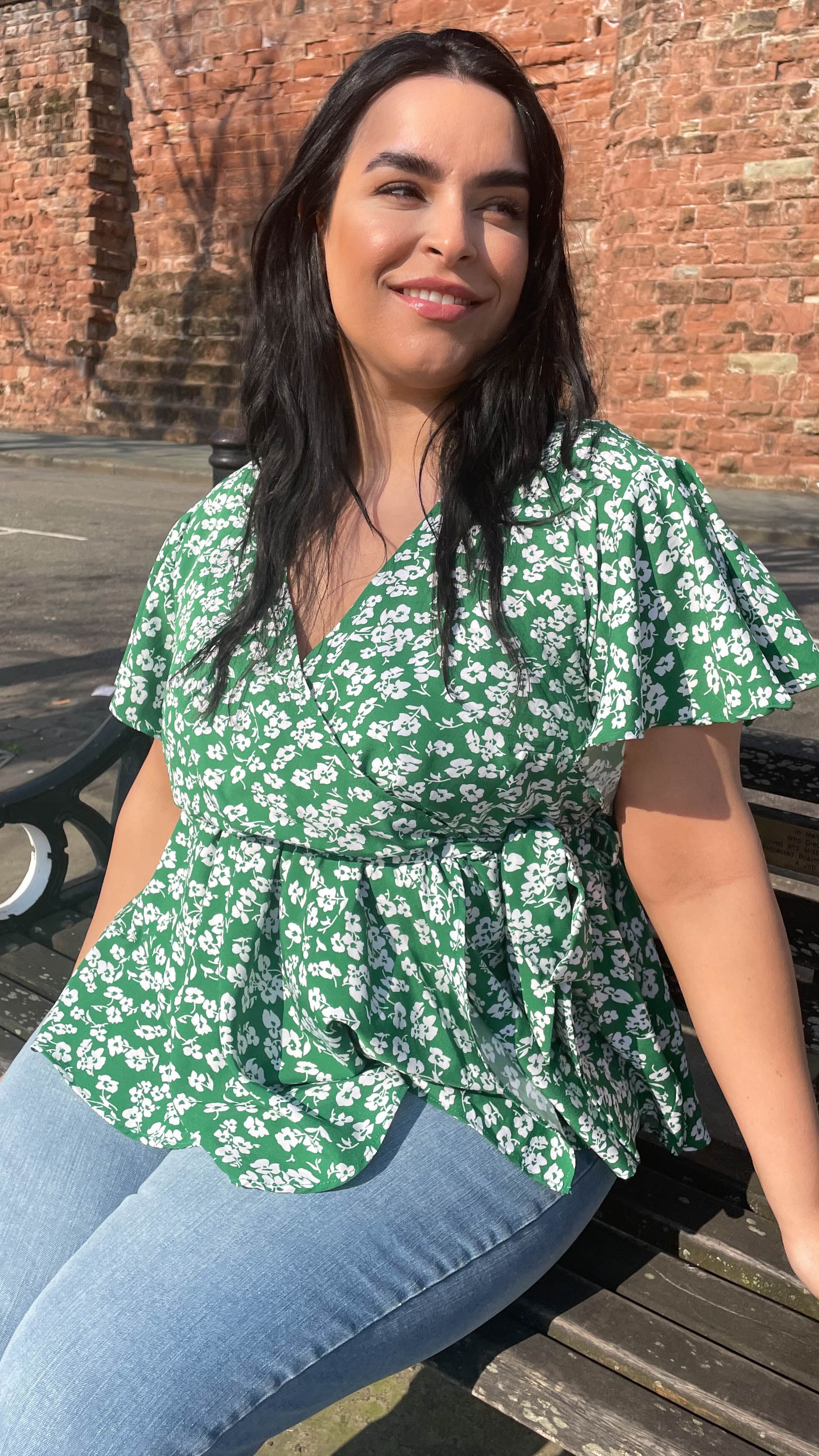 CurveWow Angel Sleeve Wrap Top Green Floral - Image 2