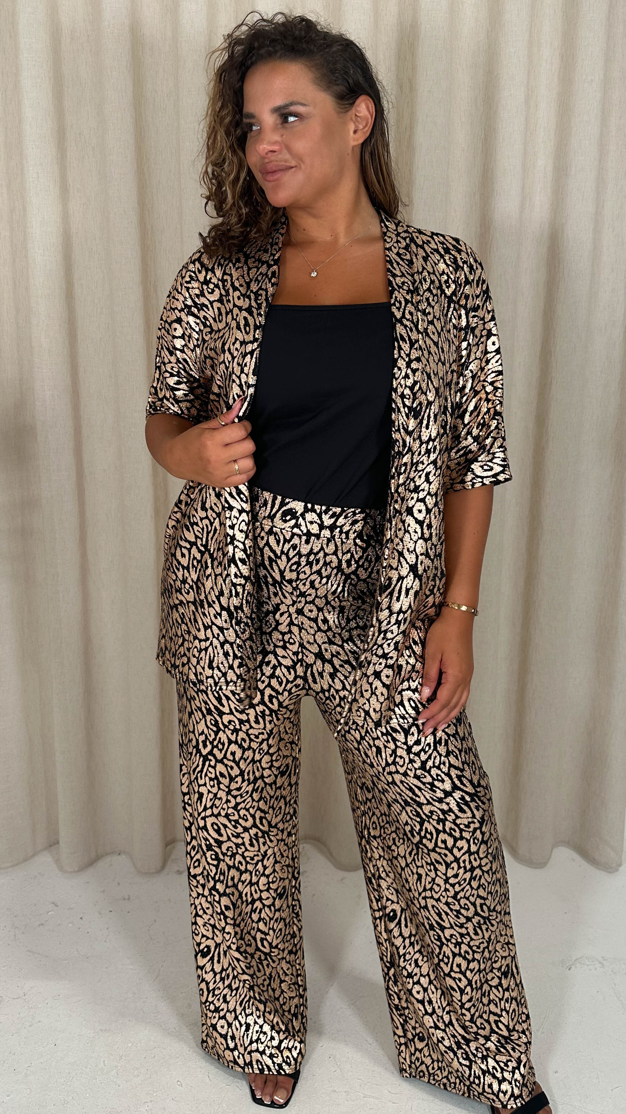 CurveWow Animal Glitter Wideleg Trourser Gold - Image 5