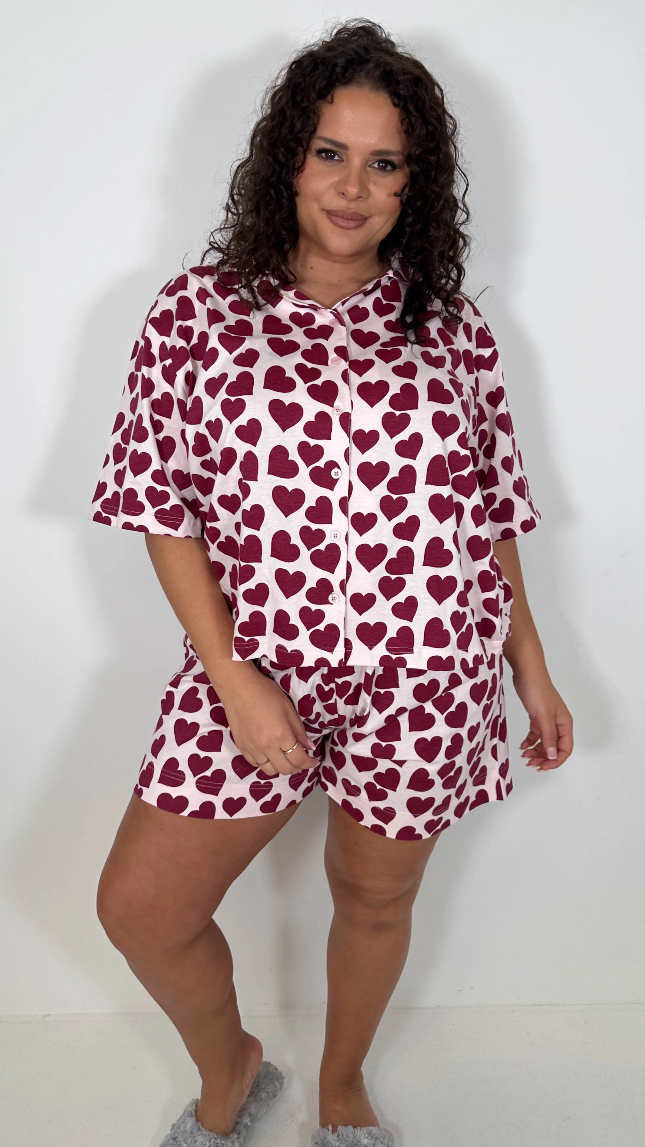 CurveWow Heart Print Shirt & Short Pyjama Set Pink - Image 5