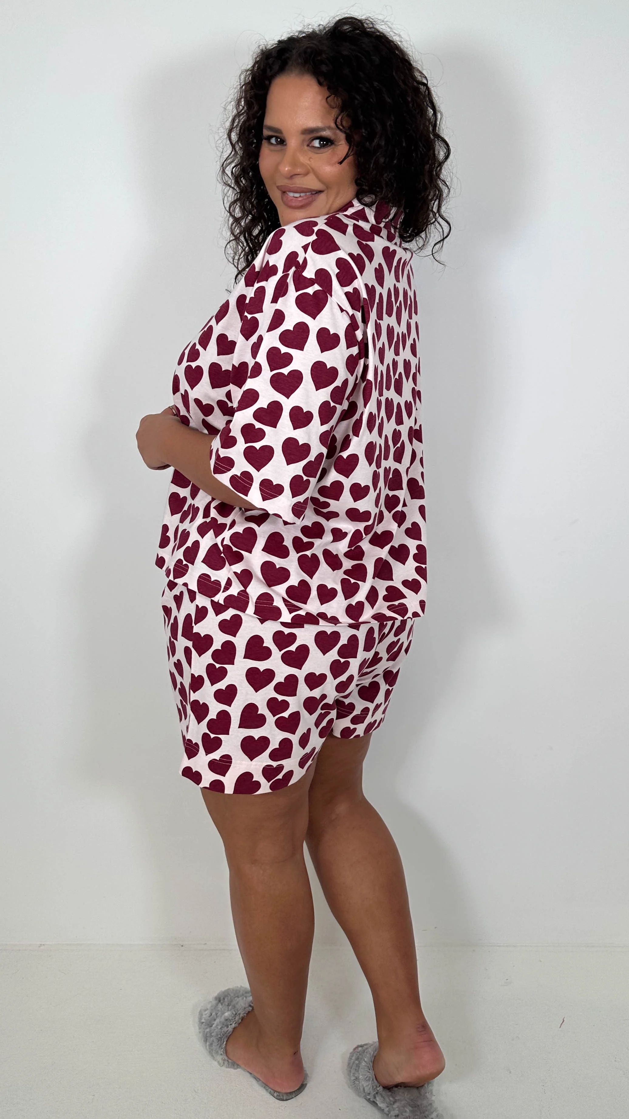 CurveWow Heart Print Shirt & Short Pyjama Set Pink - Image 8
