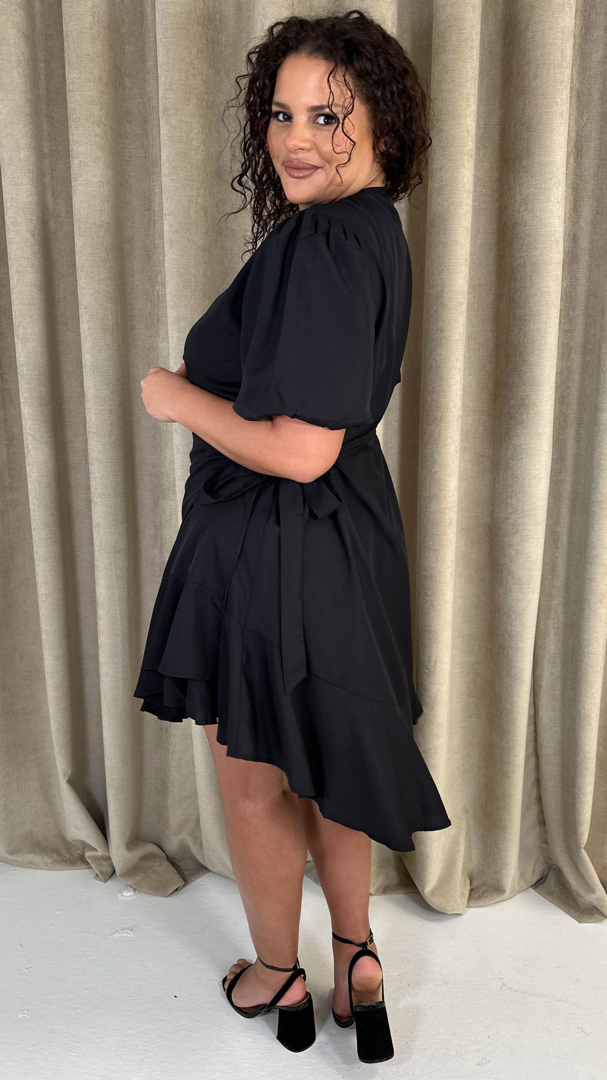 CurveWow Asymmetric Puff Sleeve Wrap Dress Black - Image 8