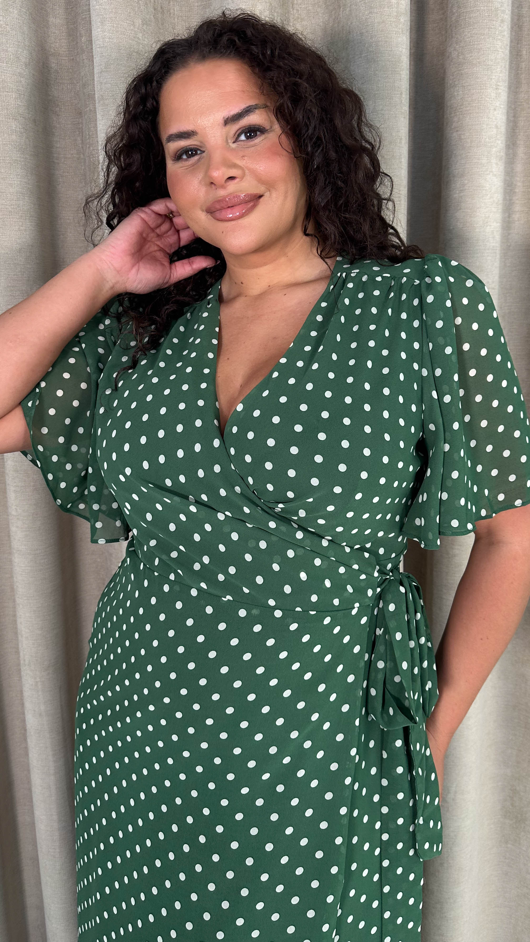 CurveWow Asymmetric Wrap Dress Green Spot - Image 2