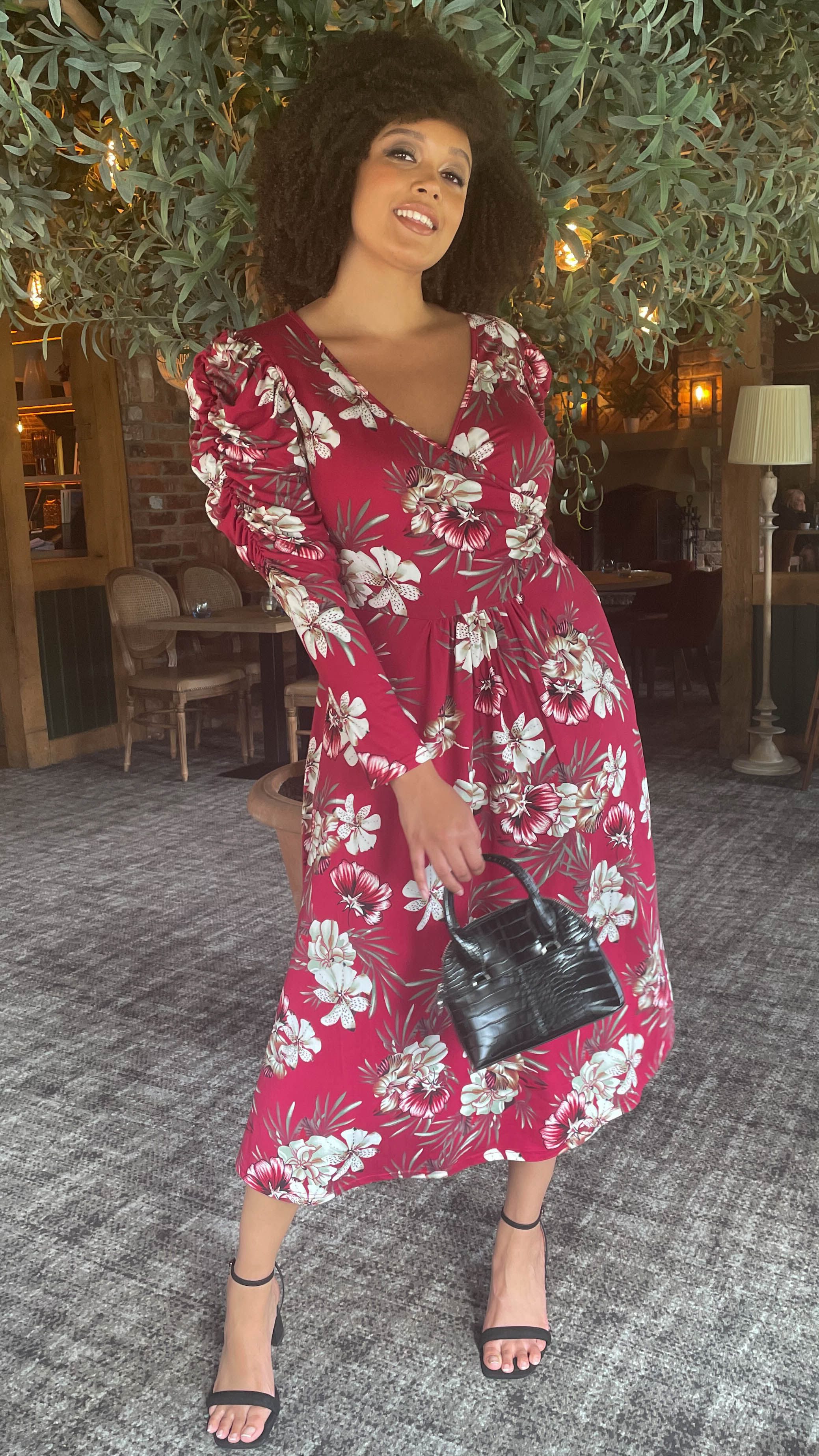 CurveWow Balloon Sleeve Midi Dress Wine Floral - Image 4