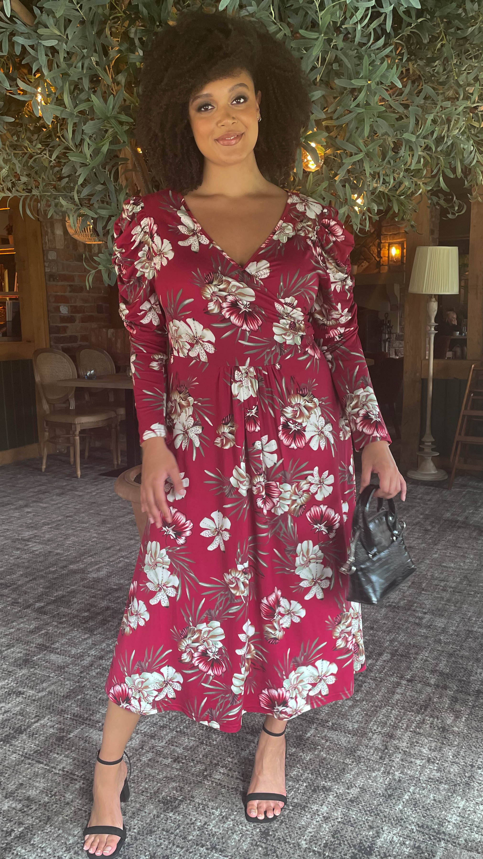 CurveWow Balloon Sleeve Midi Dress Wine Floral - Image 5