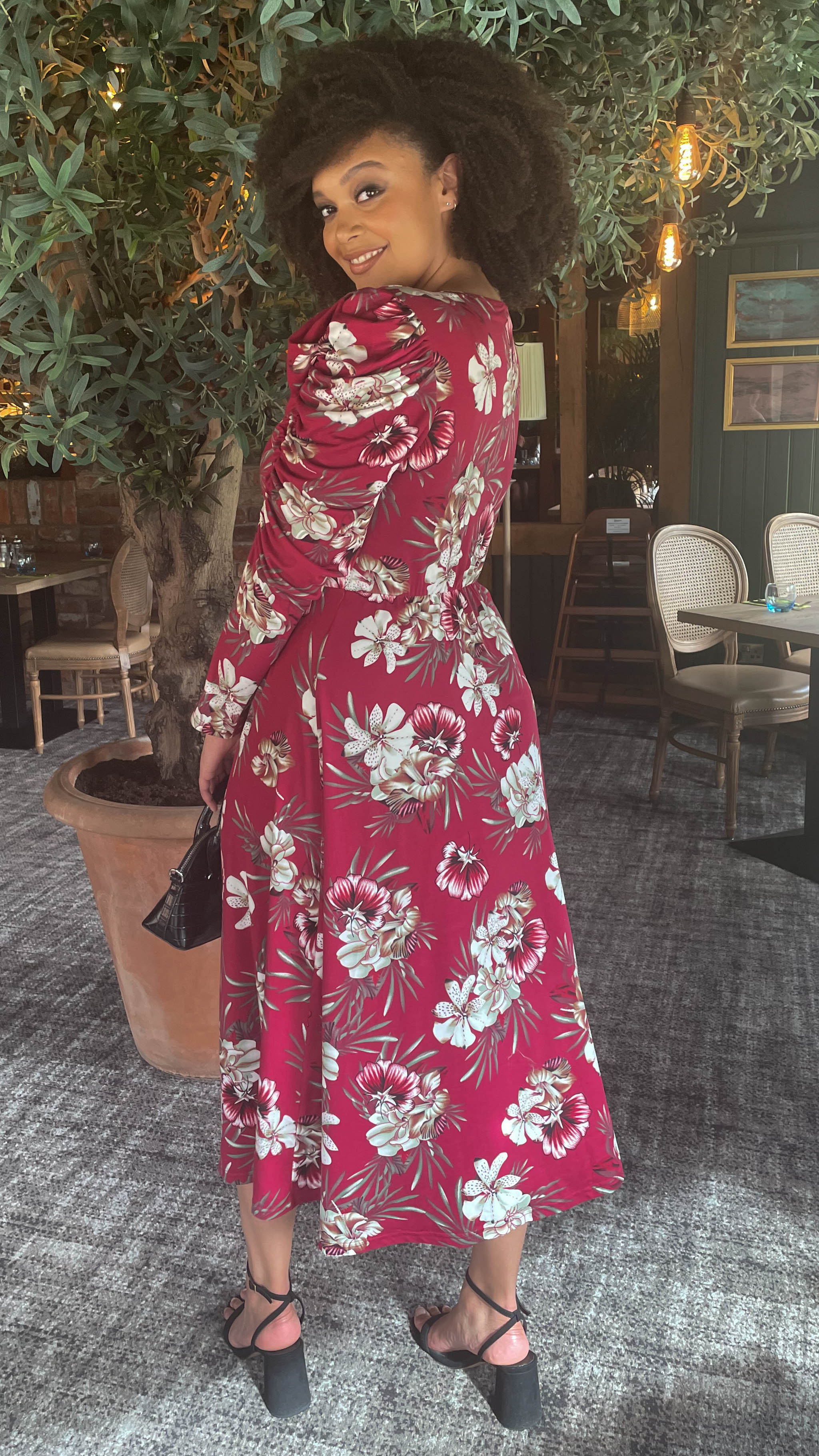 CurveWow Balloon Sleeve Midi Dress Wine Floral - Image 8