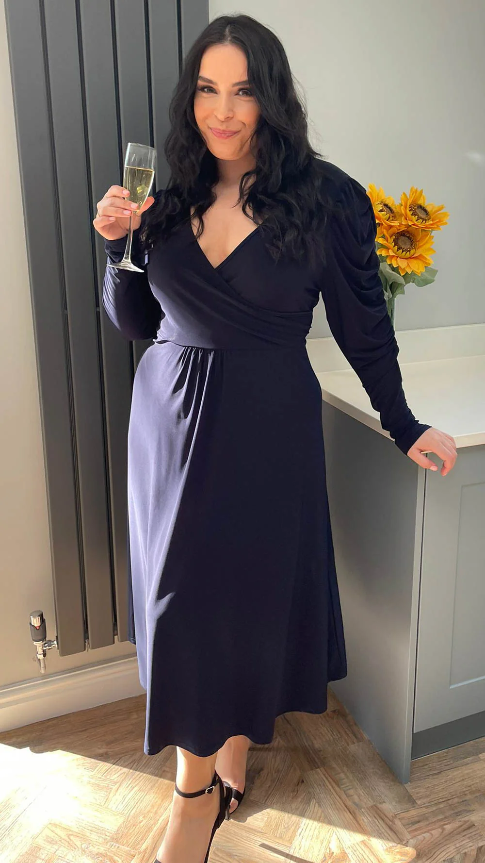 CurveWow Balloon Sleeve Wrap Midi Dress Navy - Image 6