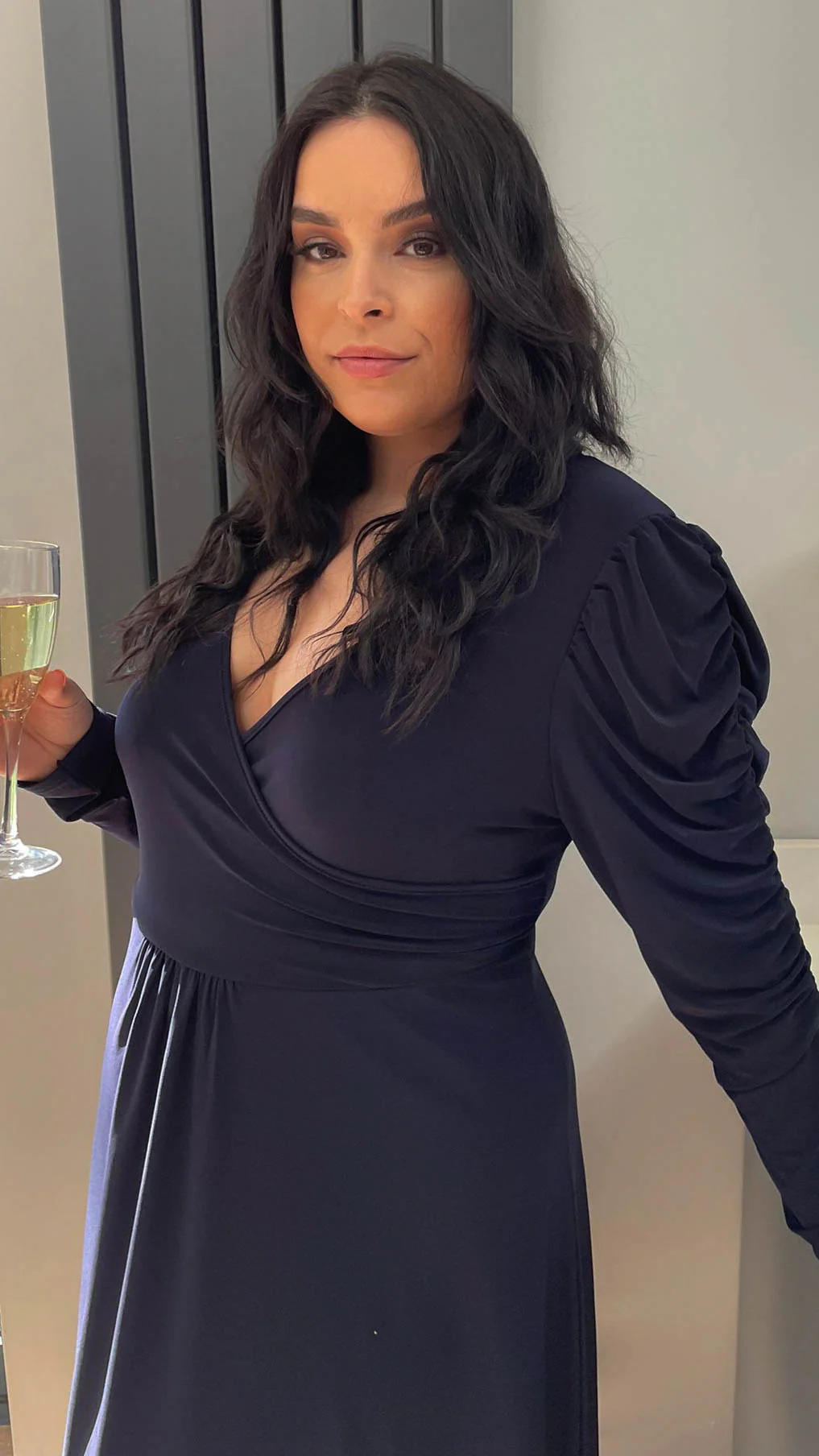 CurveWow Balloon Sleeve Wrap Midi Dress Navy - Image 8