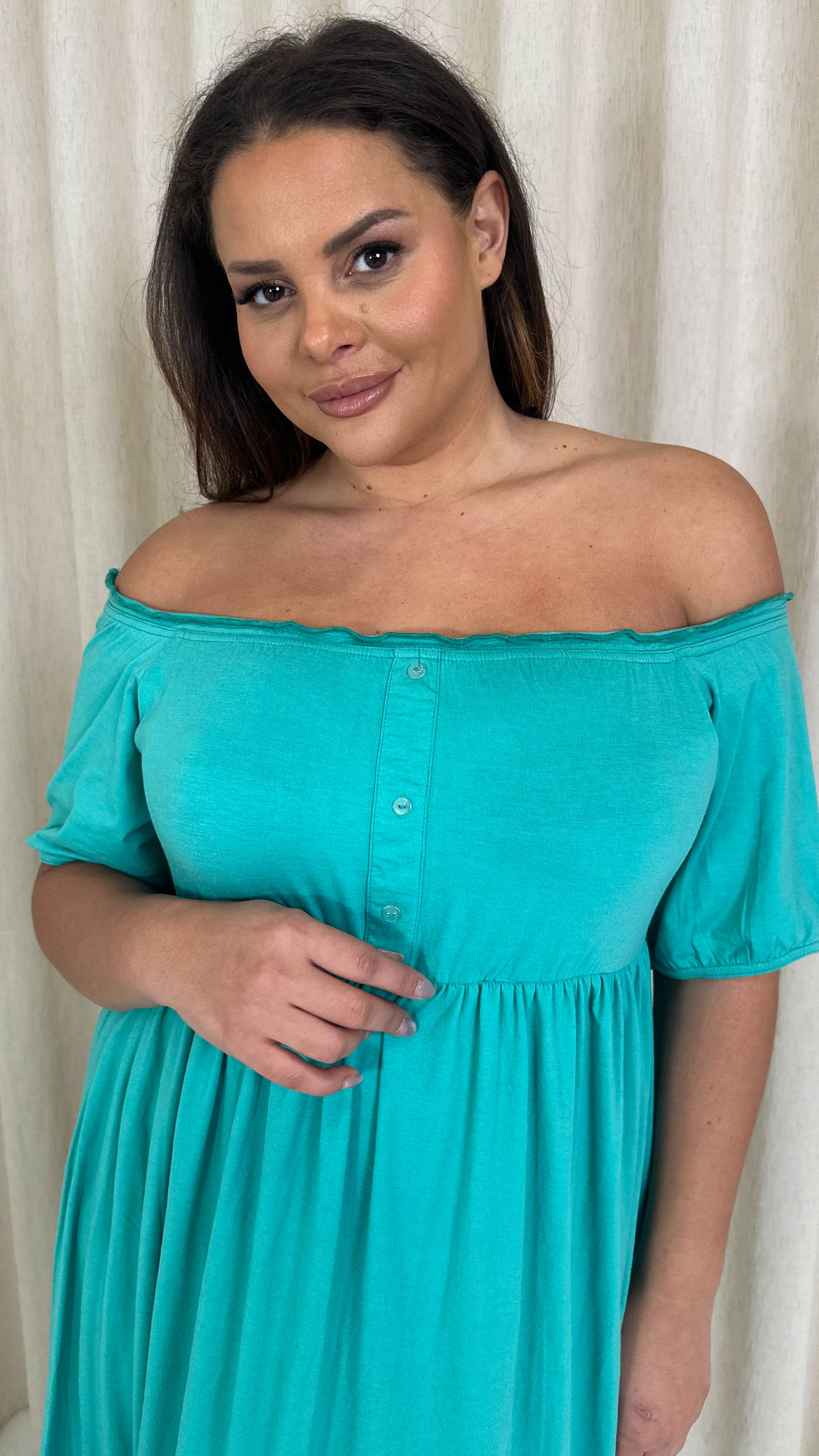 CurveWow Bardot Button Front Dress Atlantis Green - Image 2