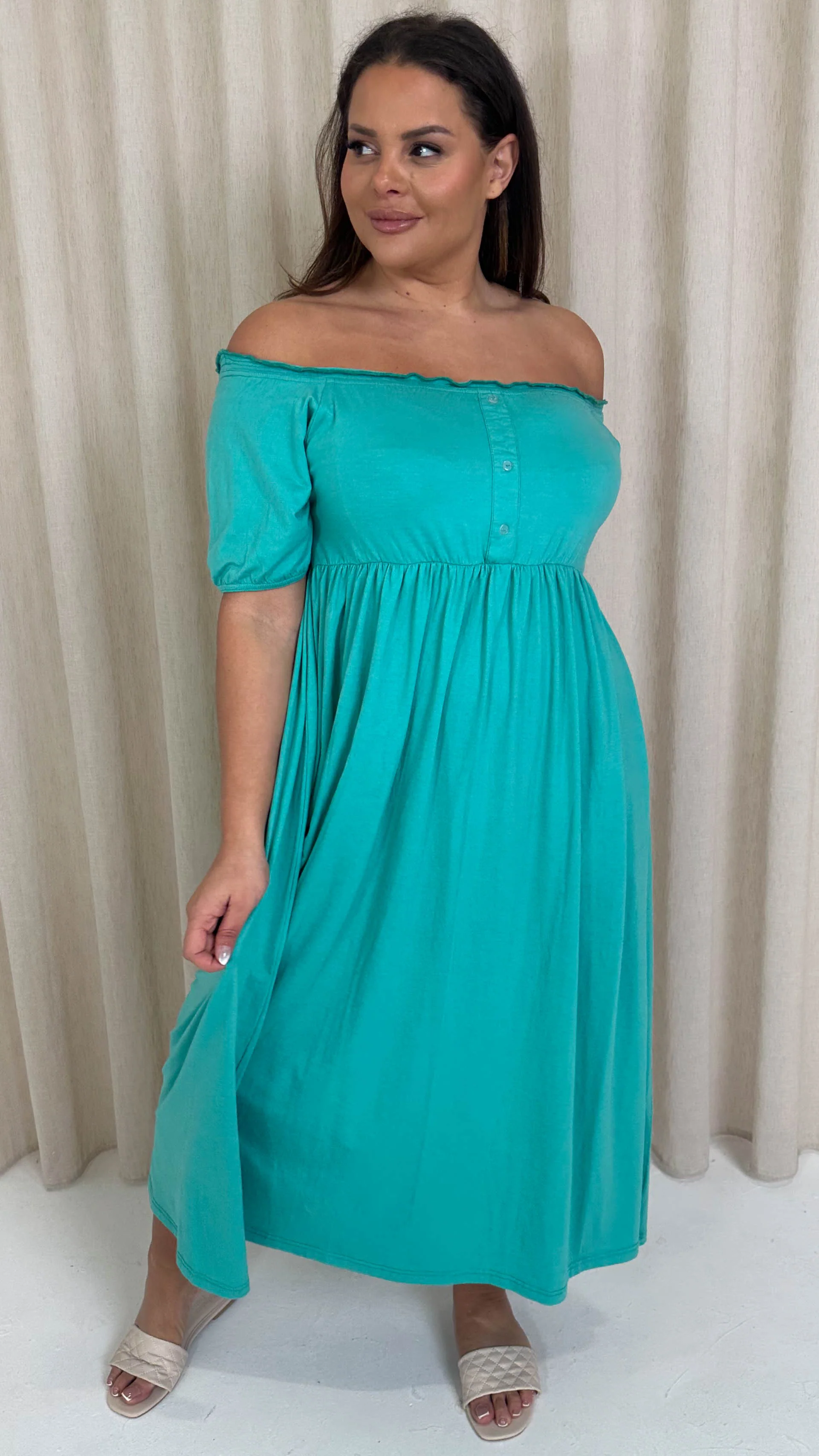CurveWow Bardot Button Front Dress Atlantis Green - Image 3