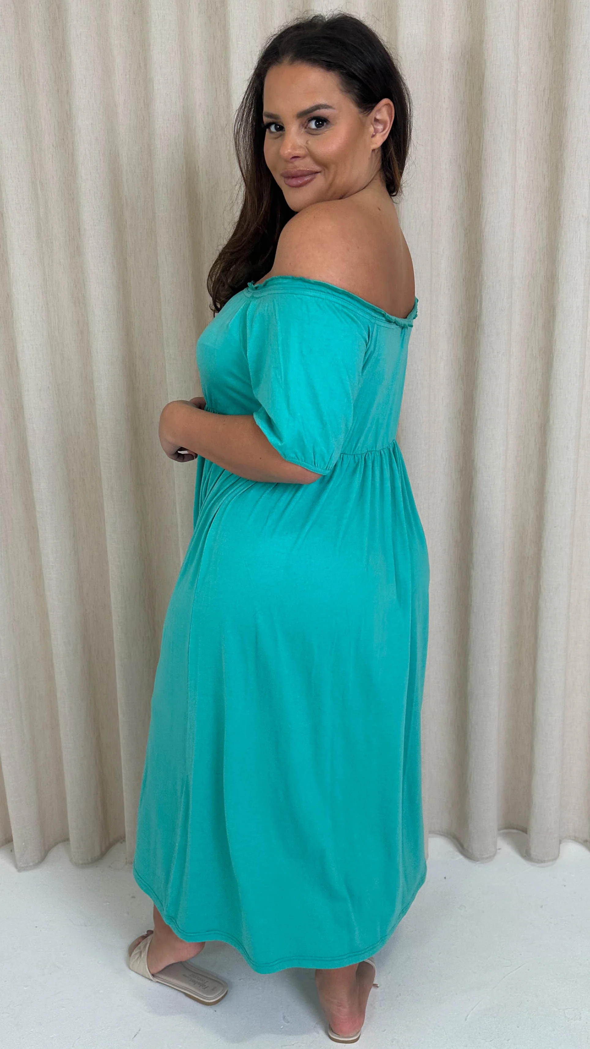 CurveWow Bardot Button Front Dress Atlantis Green - Image 4
