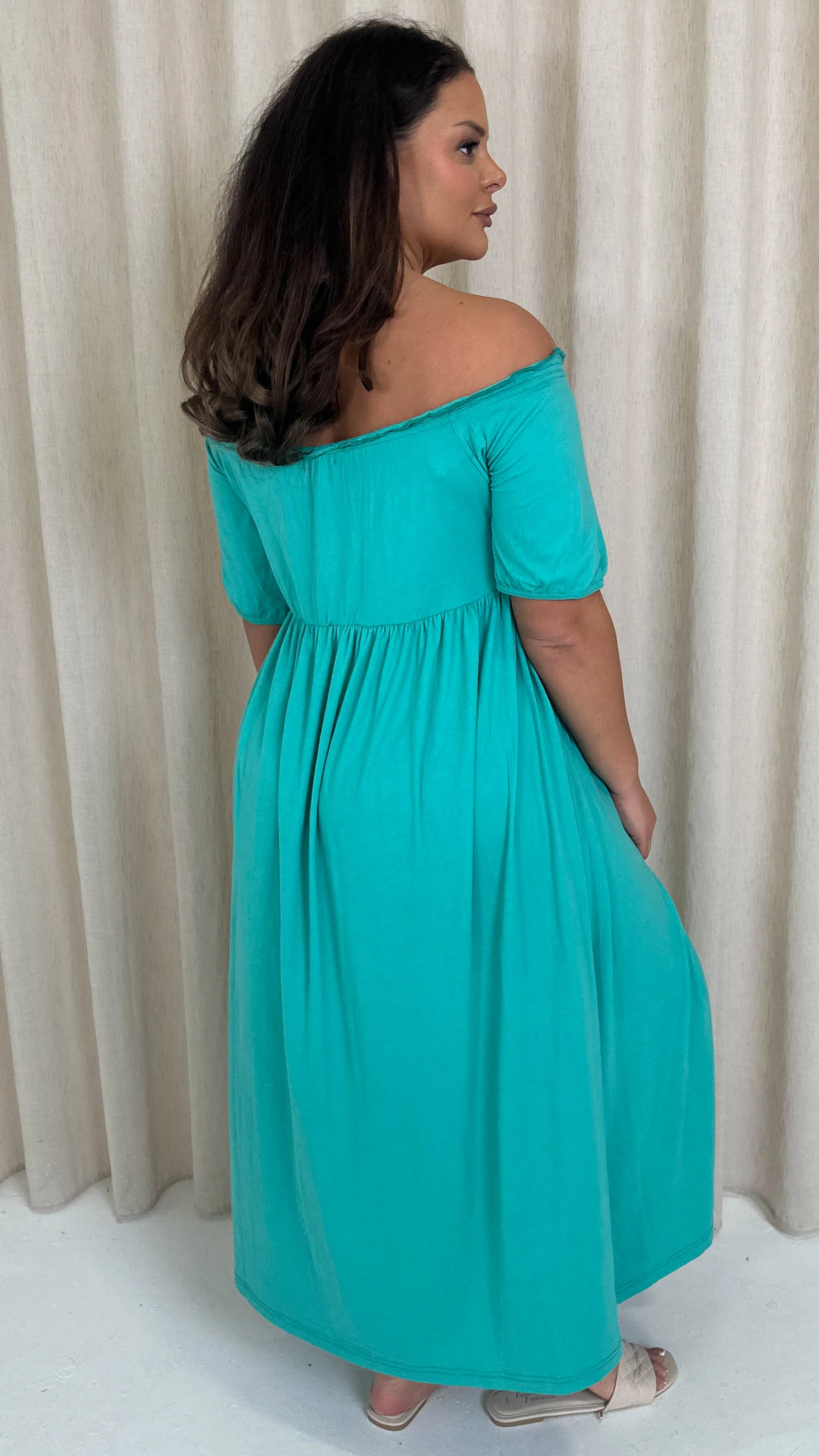 CurveWow Bardot Button Front Dress Atlantis Green - Image 5