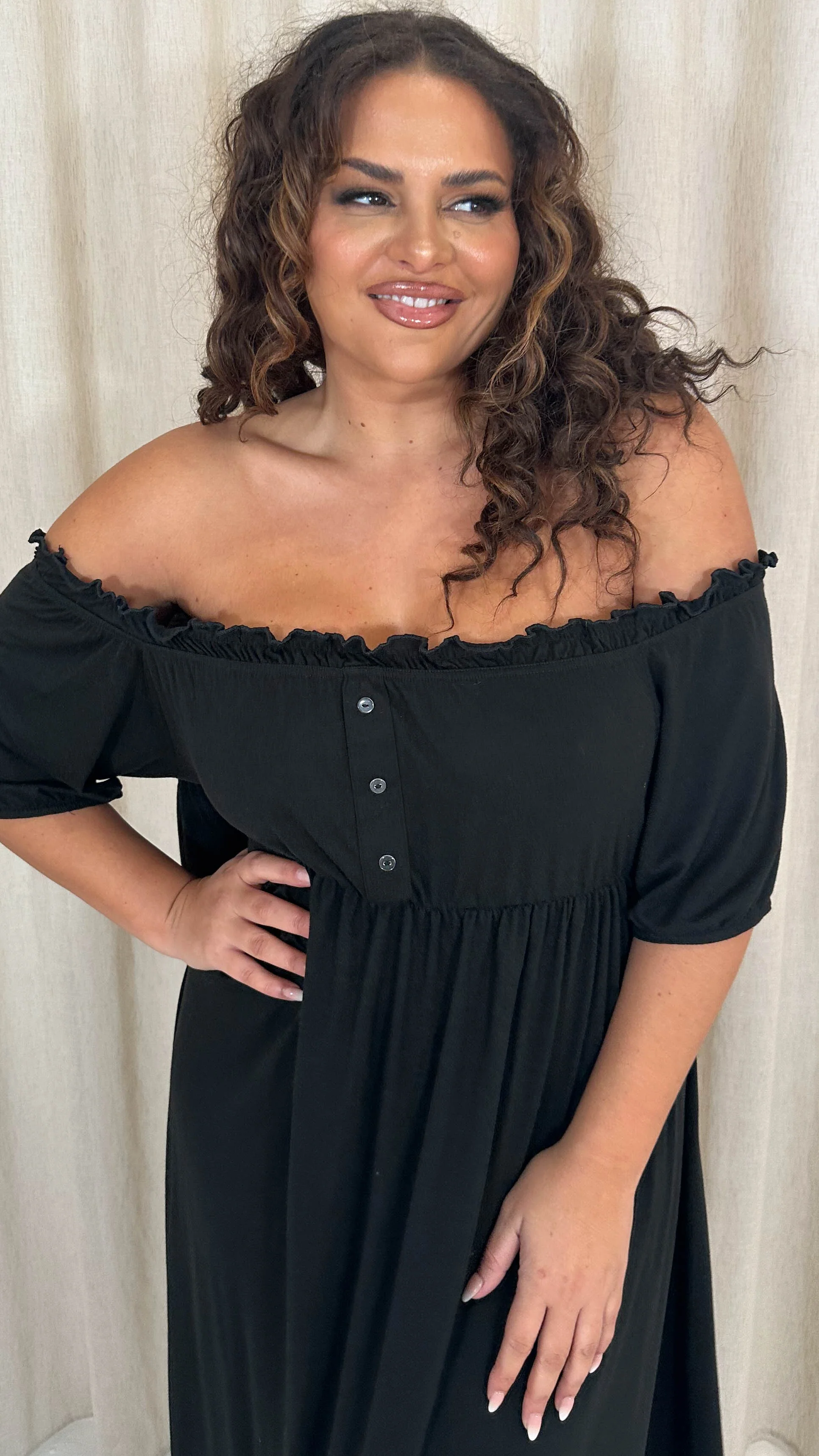 CurveWow Bardot Button Front Dress Black - Image 5