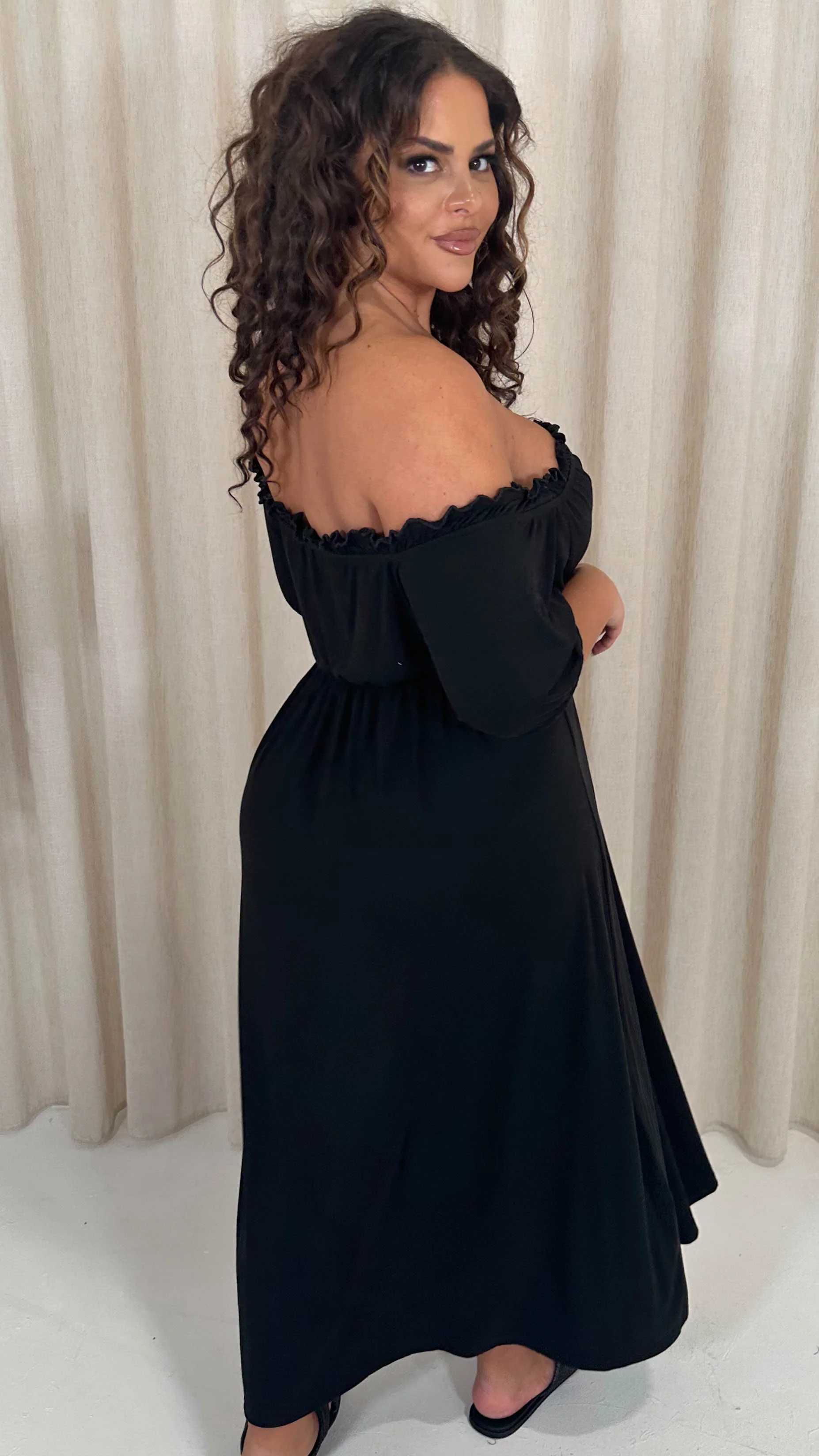 CurveWow Bardot Button Front Dress Black - Image 6