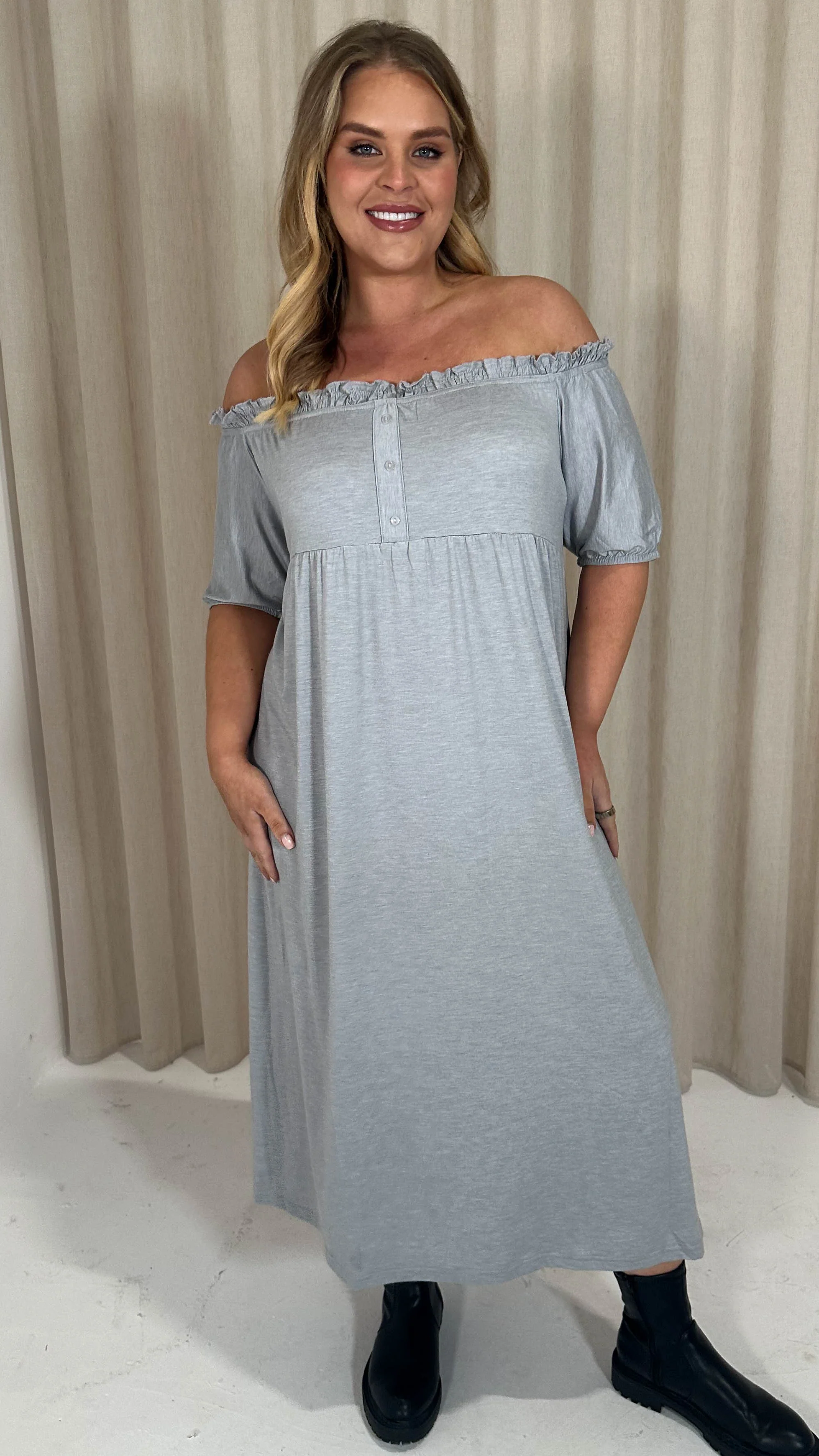 CurveWow Bardot Button Front Dress Grey Marl - Image 3