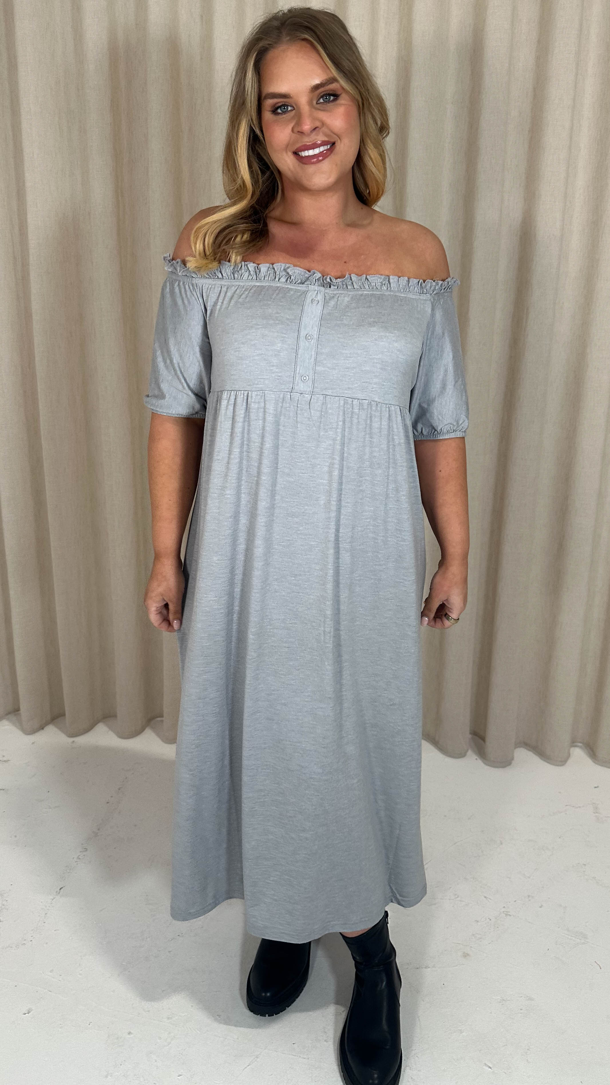 CurveWow Bardot Button Front Dress Grey Marl - Image 4