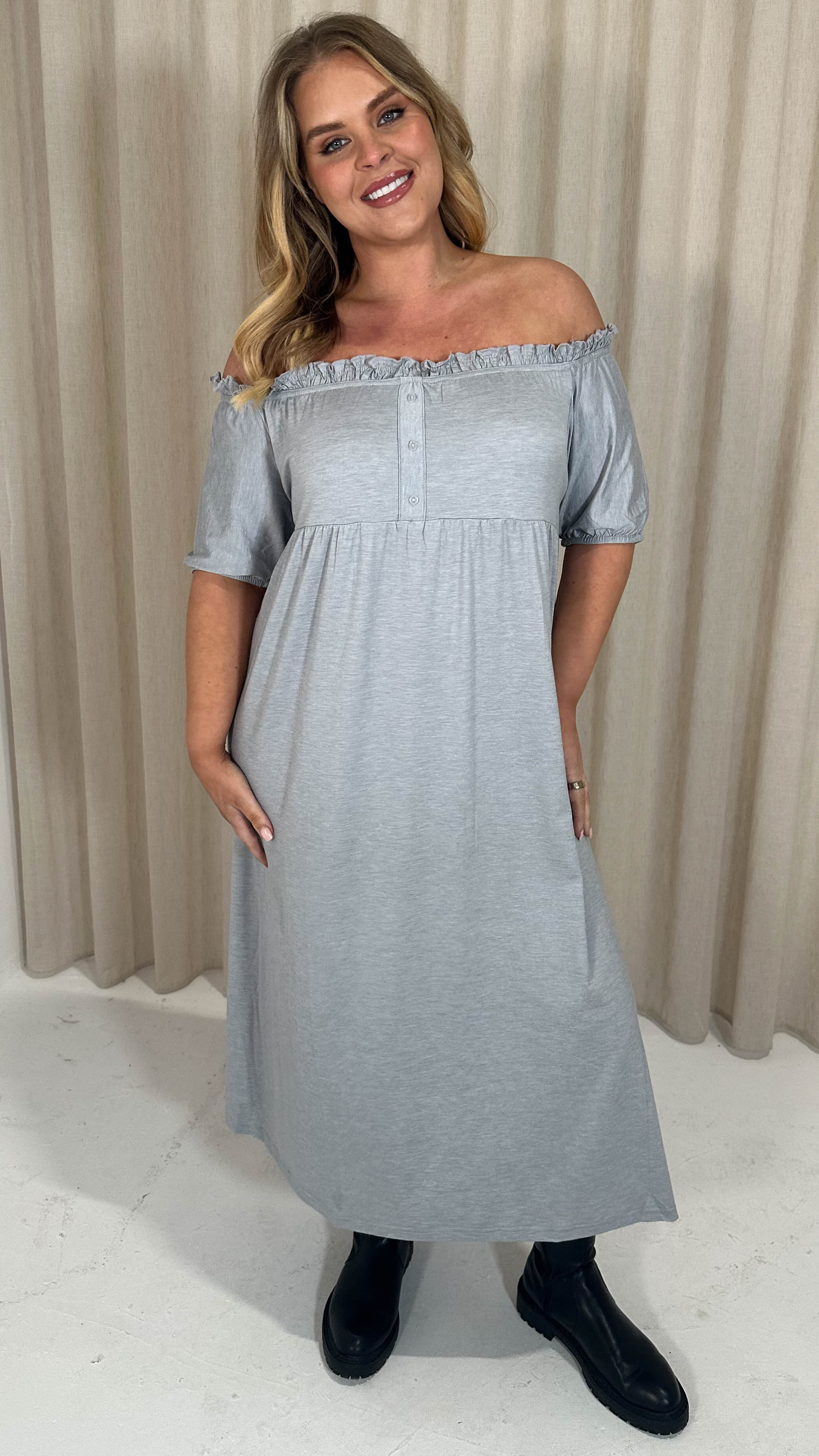CurveWow Bardot Button Front Dress Grey Marl - Image 6