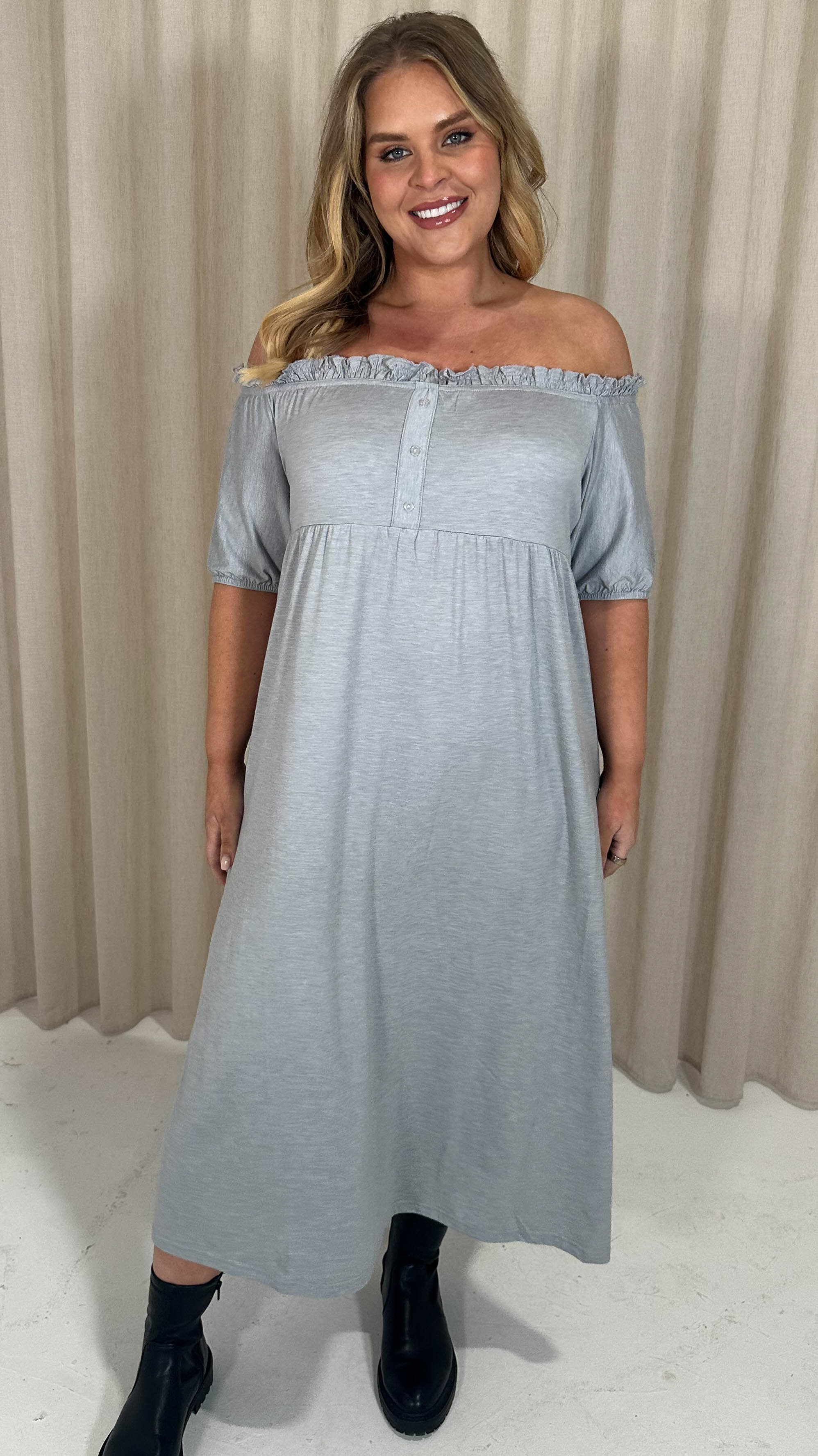 CurveWow Bardot Button Front Dress Grey Marl - Image 7