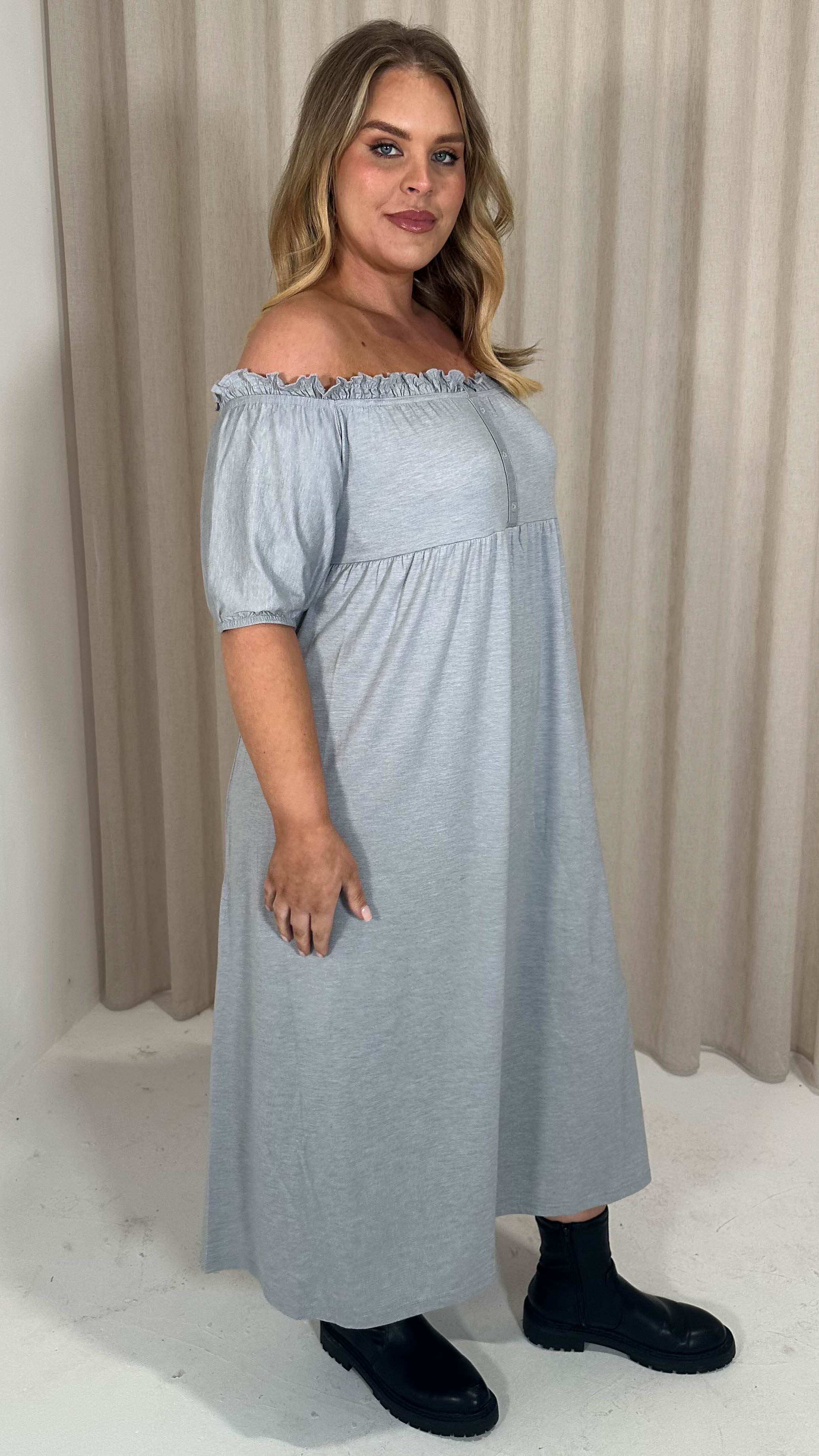 CurveWow Bardot Button Front Dress Grey Marl - Image 8