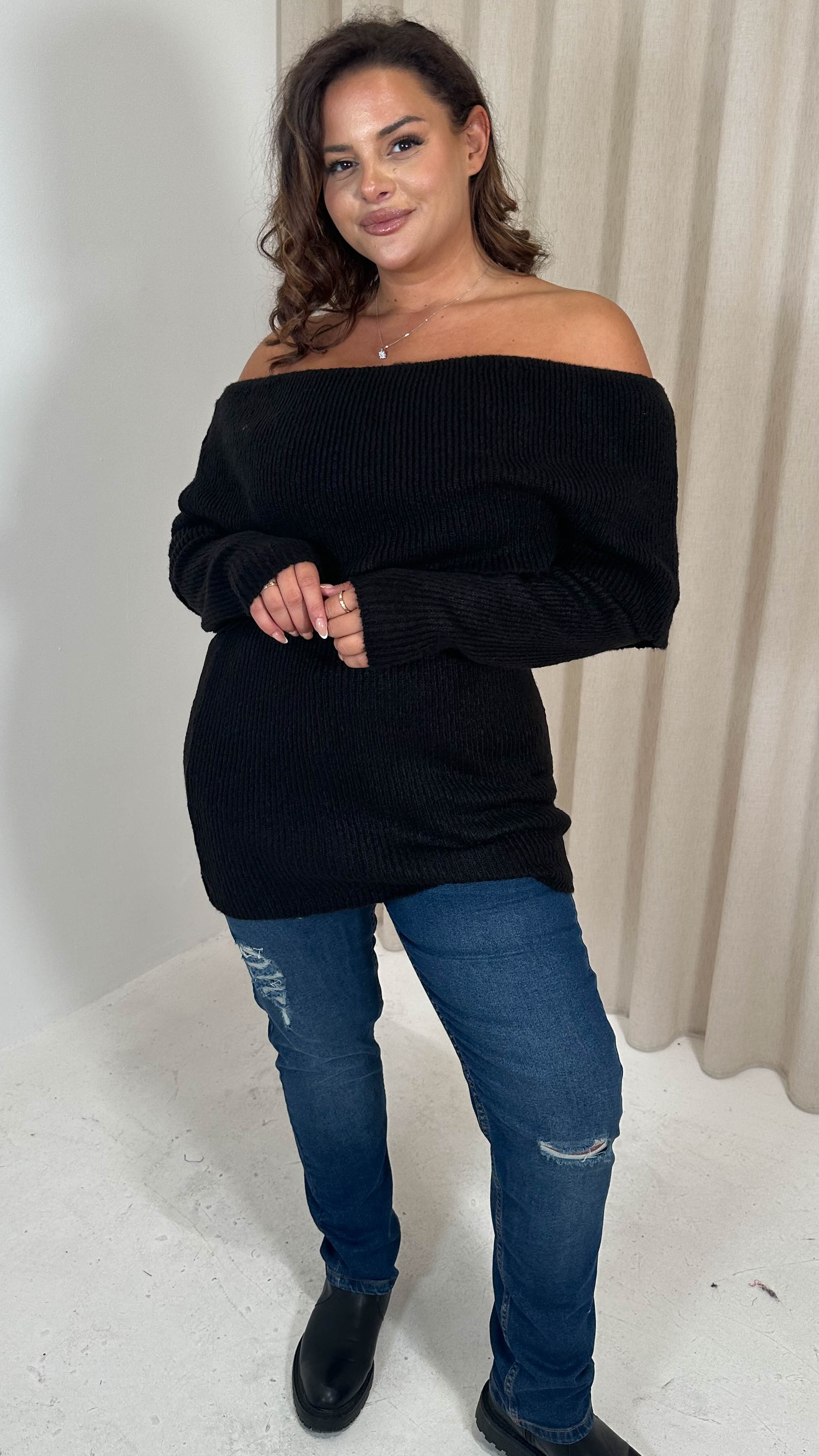 CurveWow Bardot Super Soft Knitted Jumper Black - Image 2
