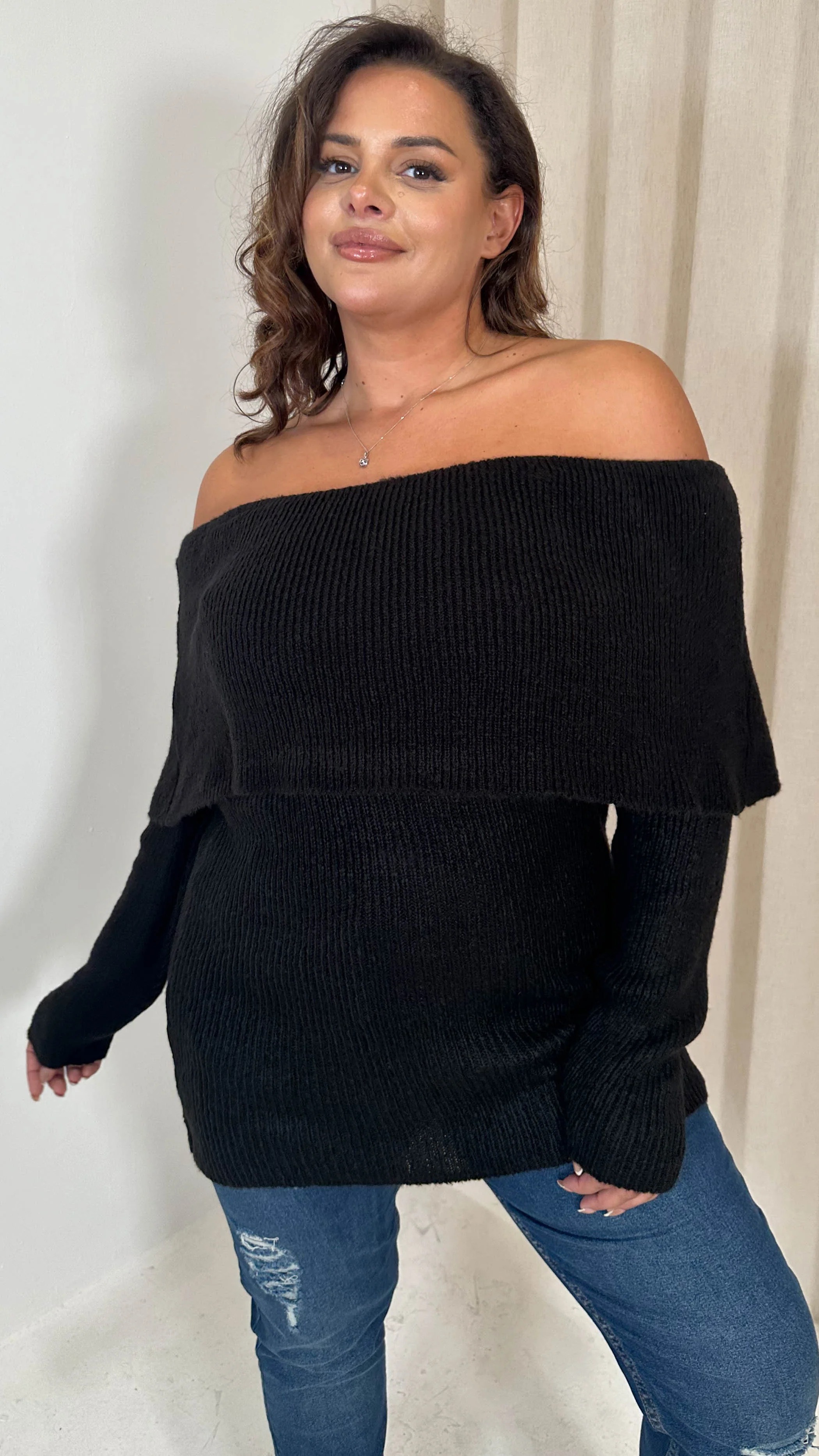 CurveWow Bardot Super Soft Knitted Jumper Black - Image 6