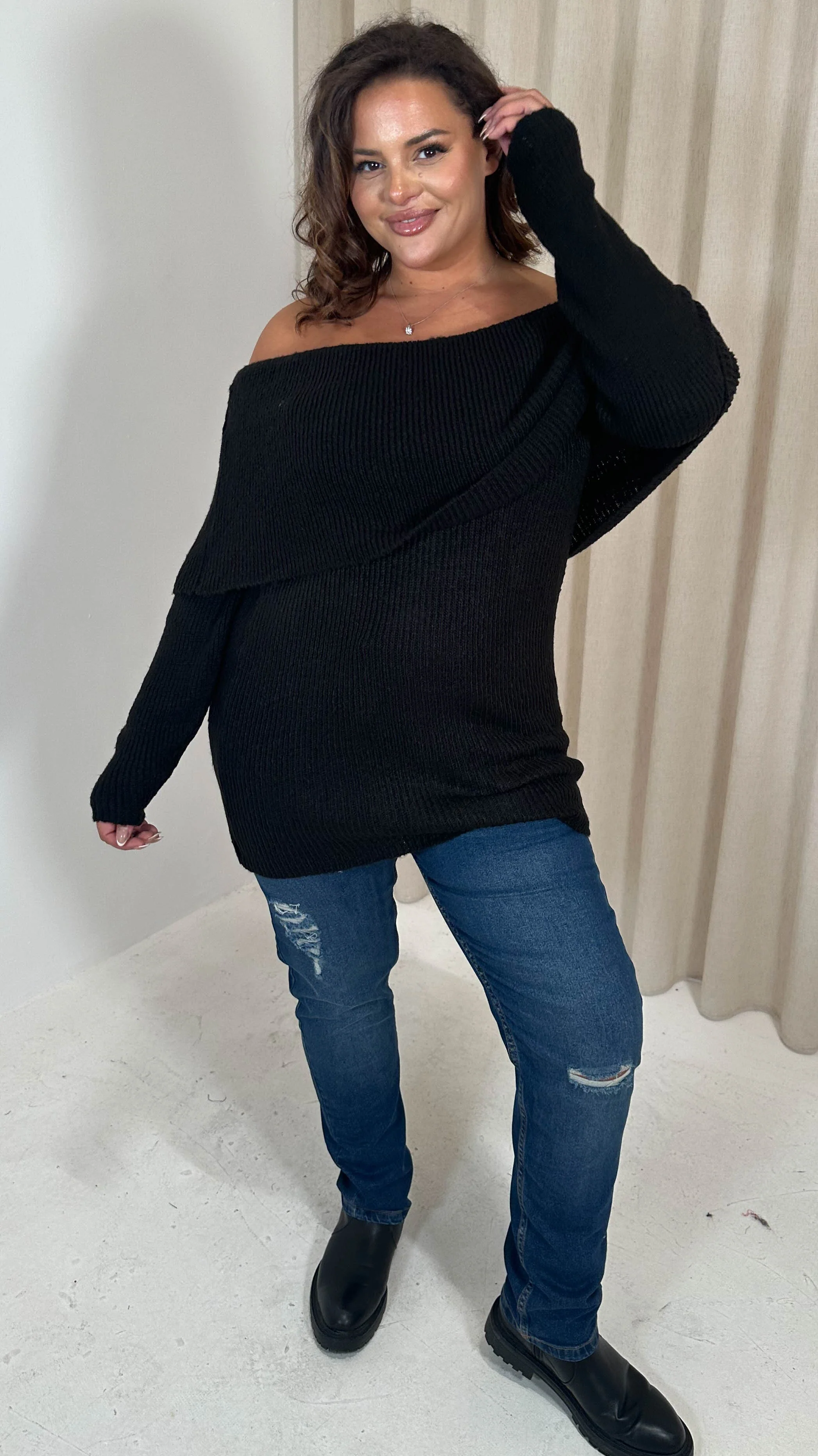 CurveWow Bardot Super Soft Knitted Jumper Black - Image 7