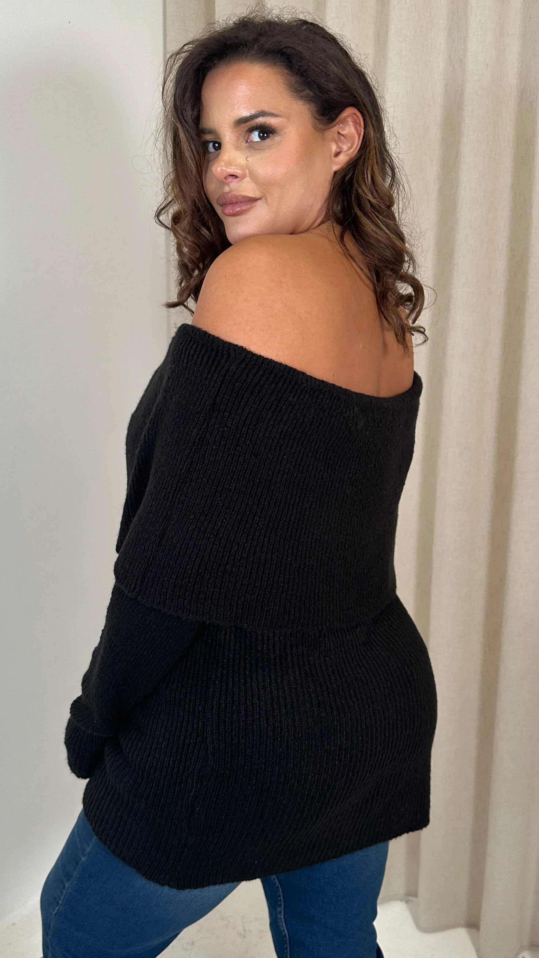 CurveWow Bardot Super Soft Knitted Jumper Black - Image 9