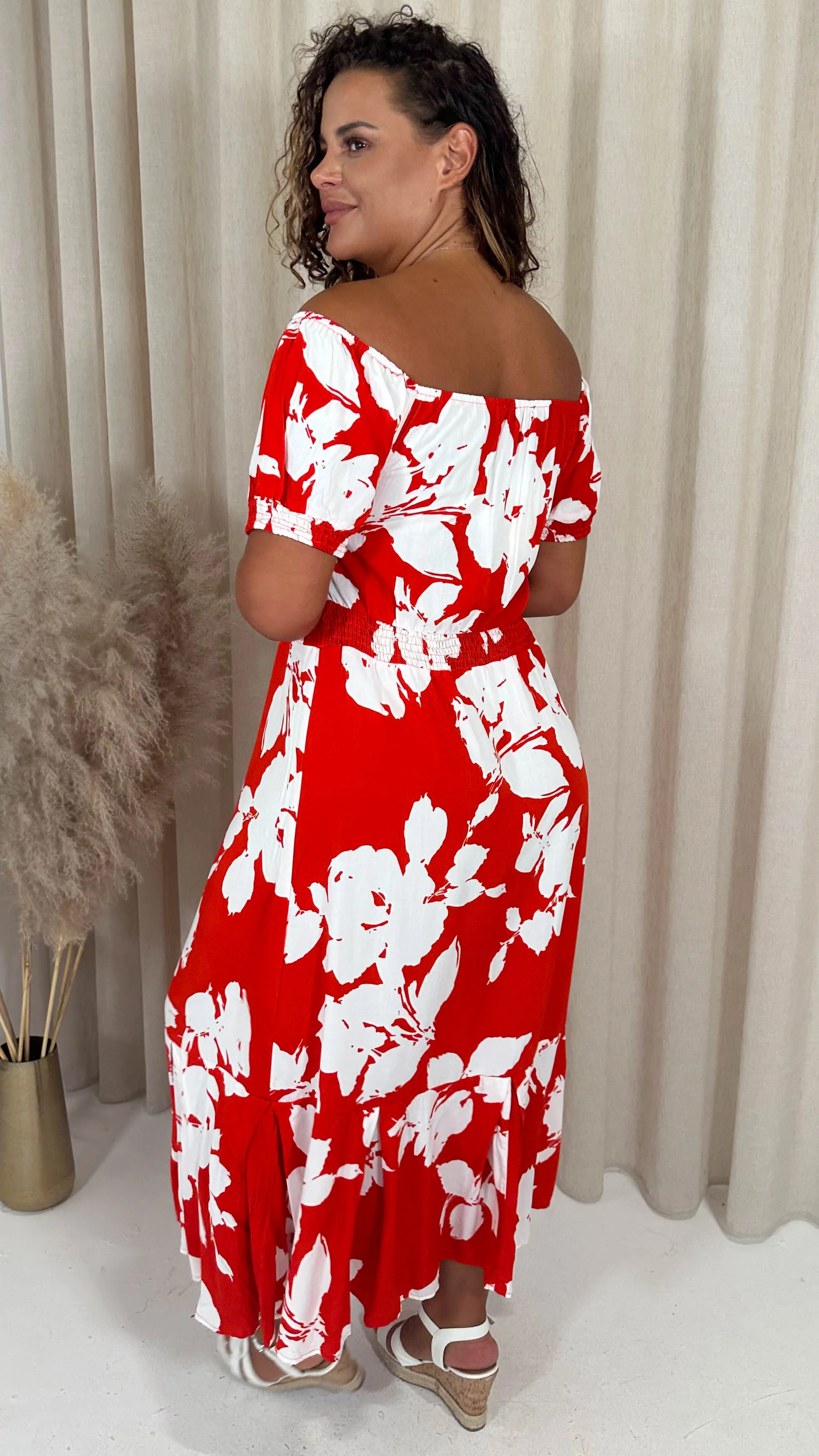 CurveWow Bardot Midi Dress Red/Orange Floral - Image 7