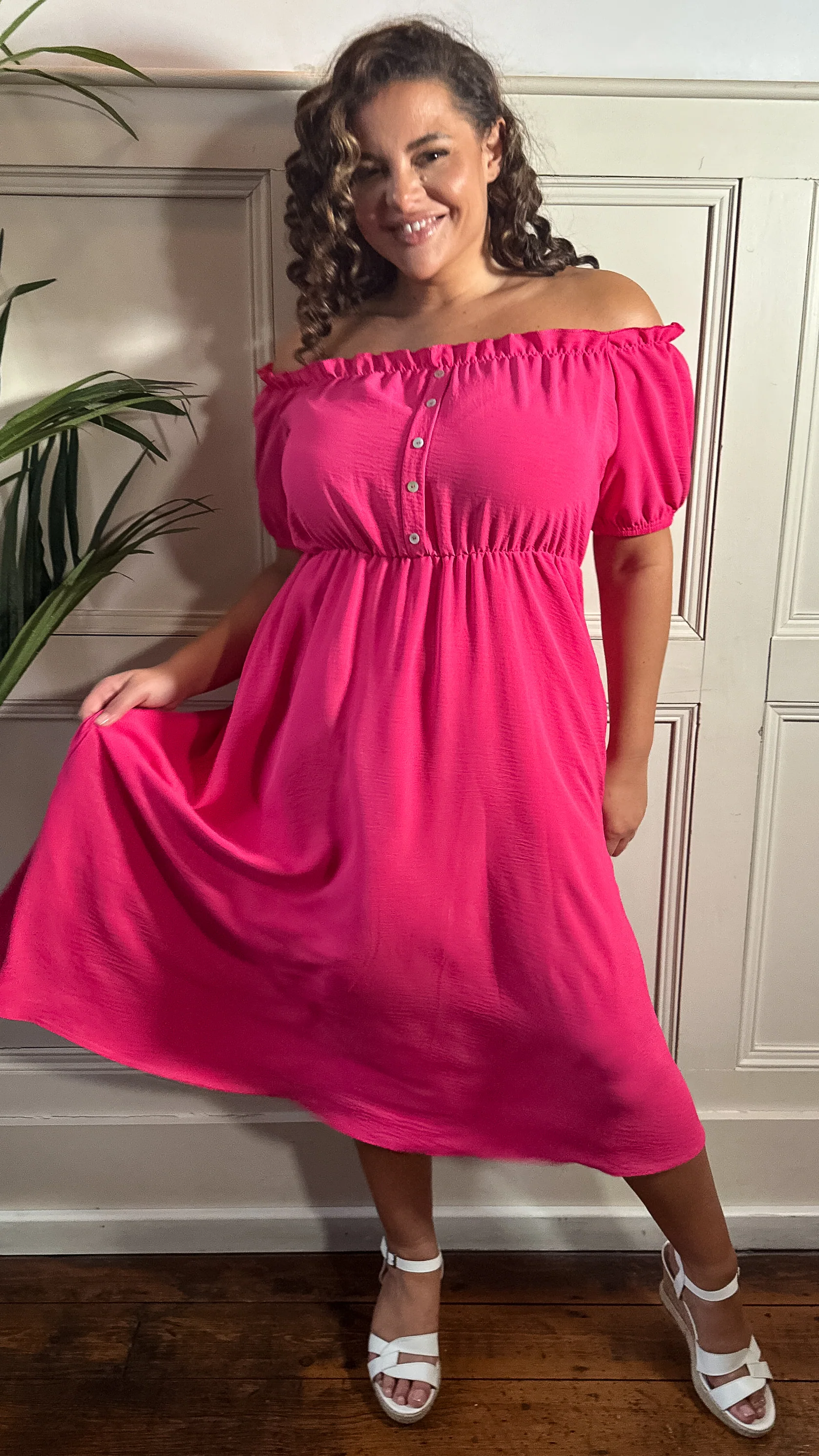CurveWow Bardot Midi Dress Cerise - Image 5