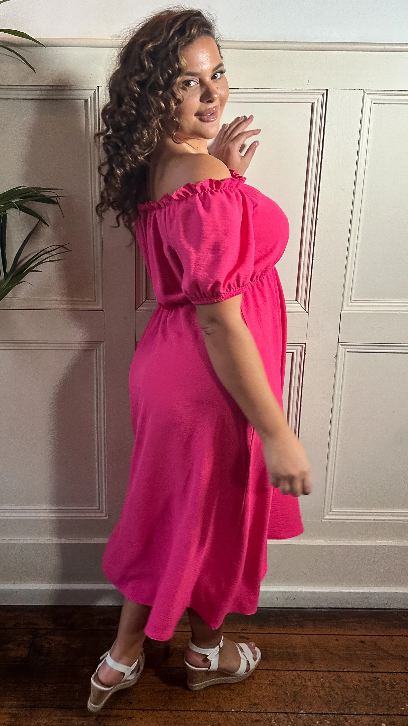 CurveWow Bardot Midi Dress Cerise - Image 7