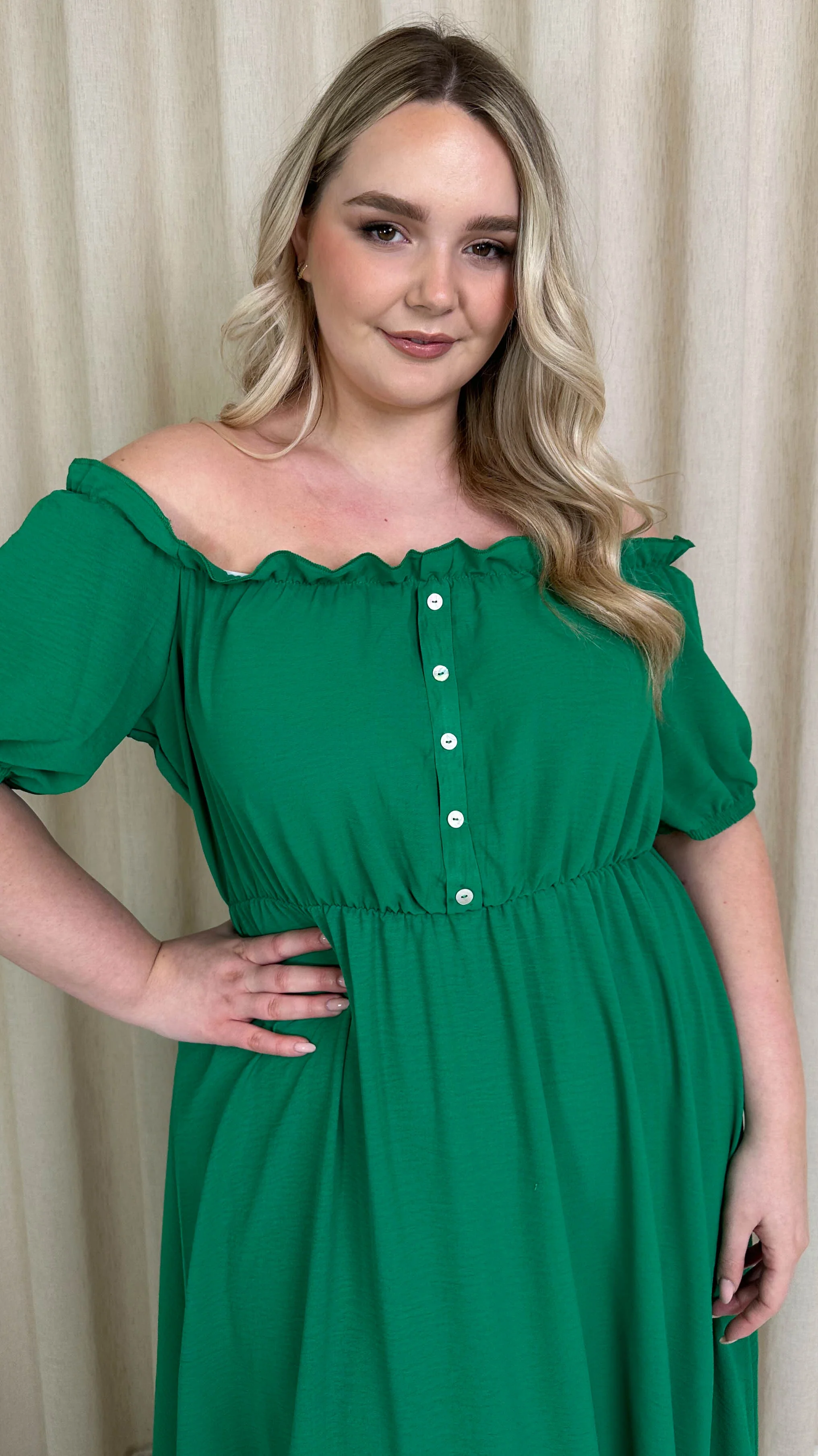 CurveWow Bardot Midi Dress Jade Green - Image 2