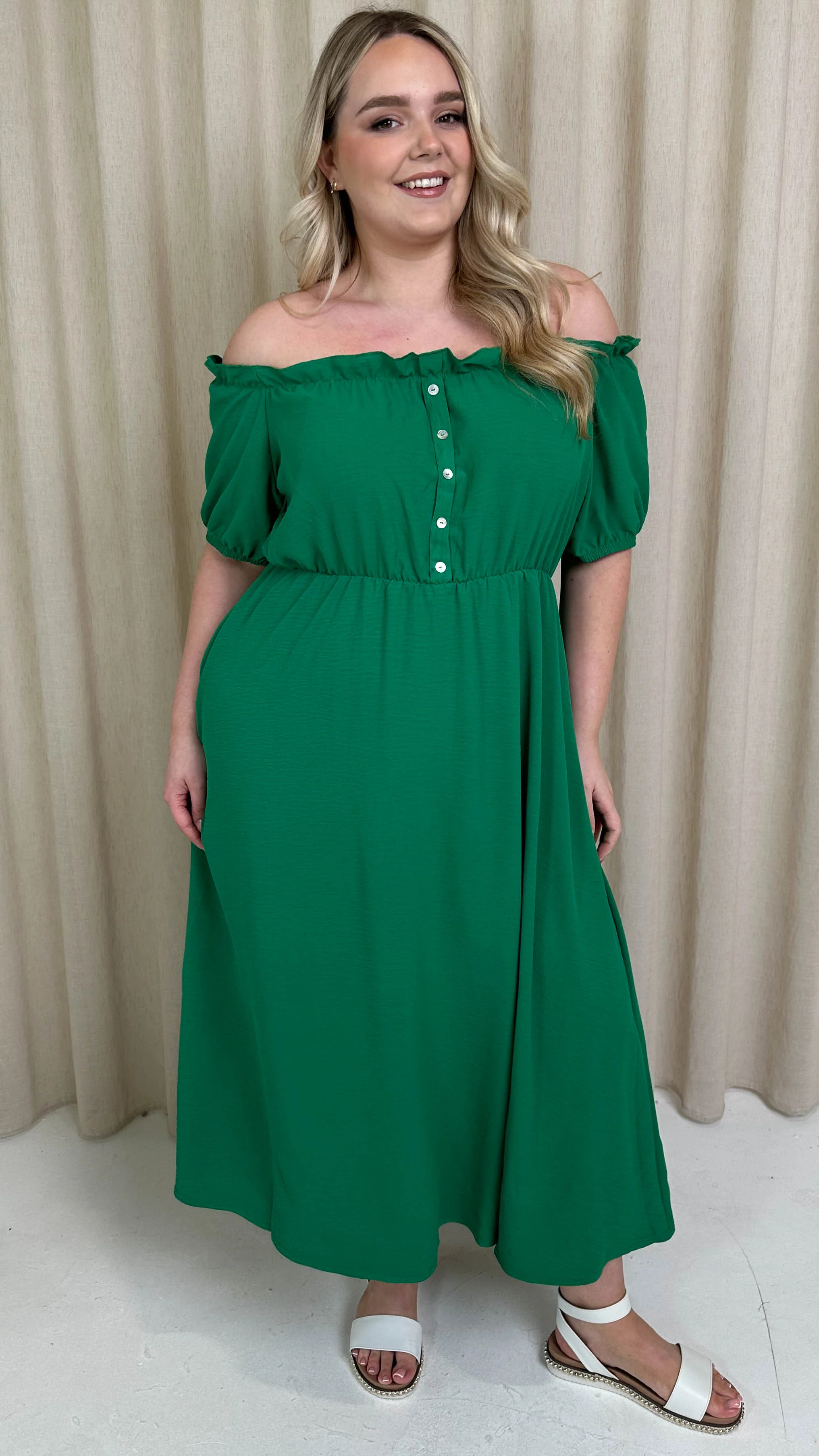 CurveWow Bardot Midi Dress Jade Green - Image 4