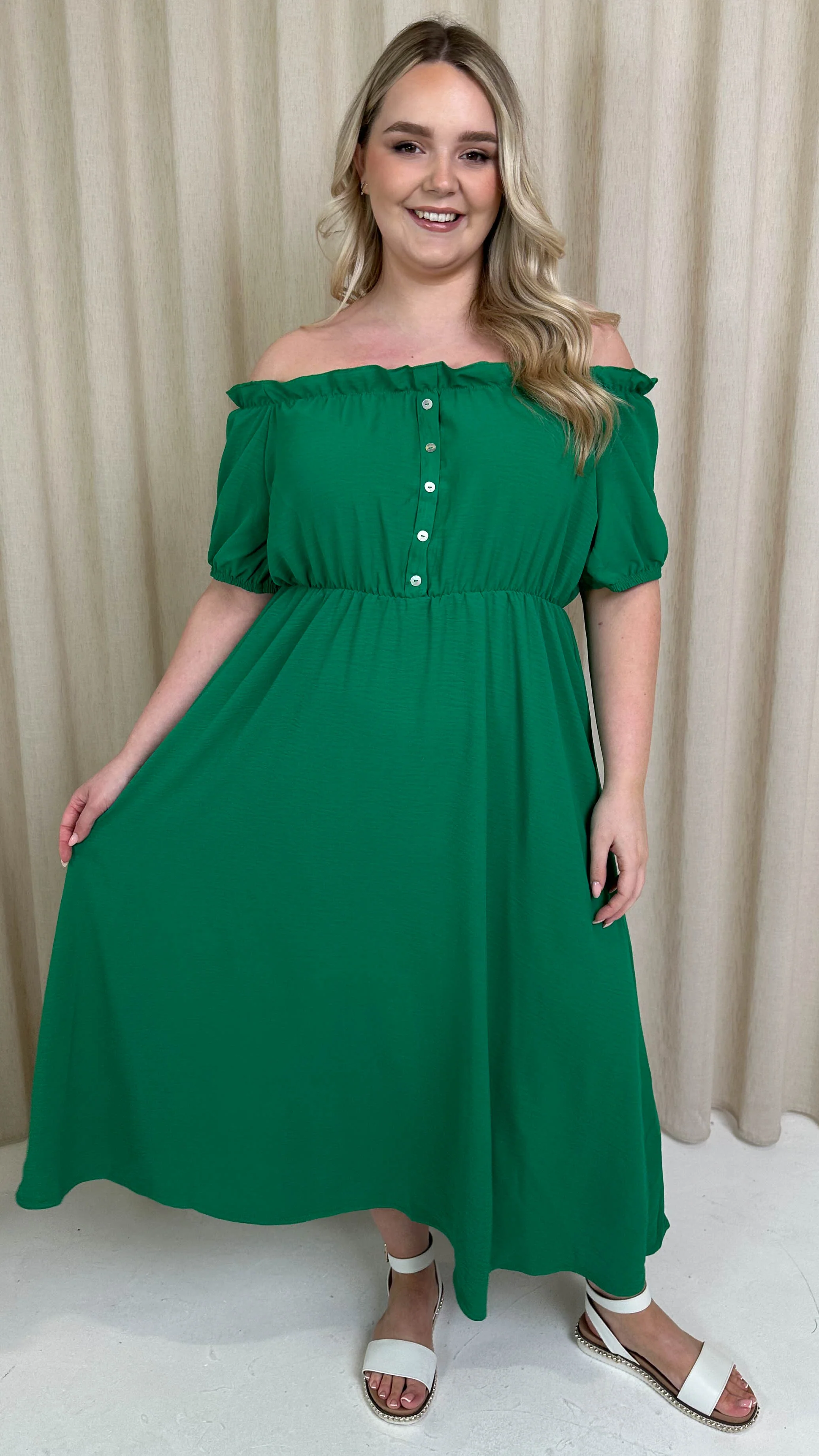 CurveWow Bardot Midi Dress Jade Green - Image 5