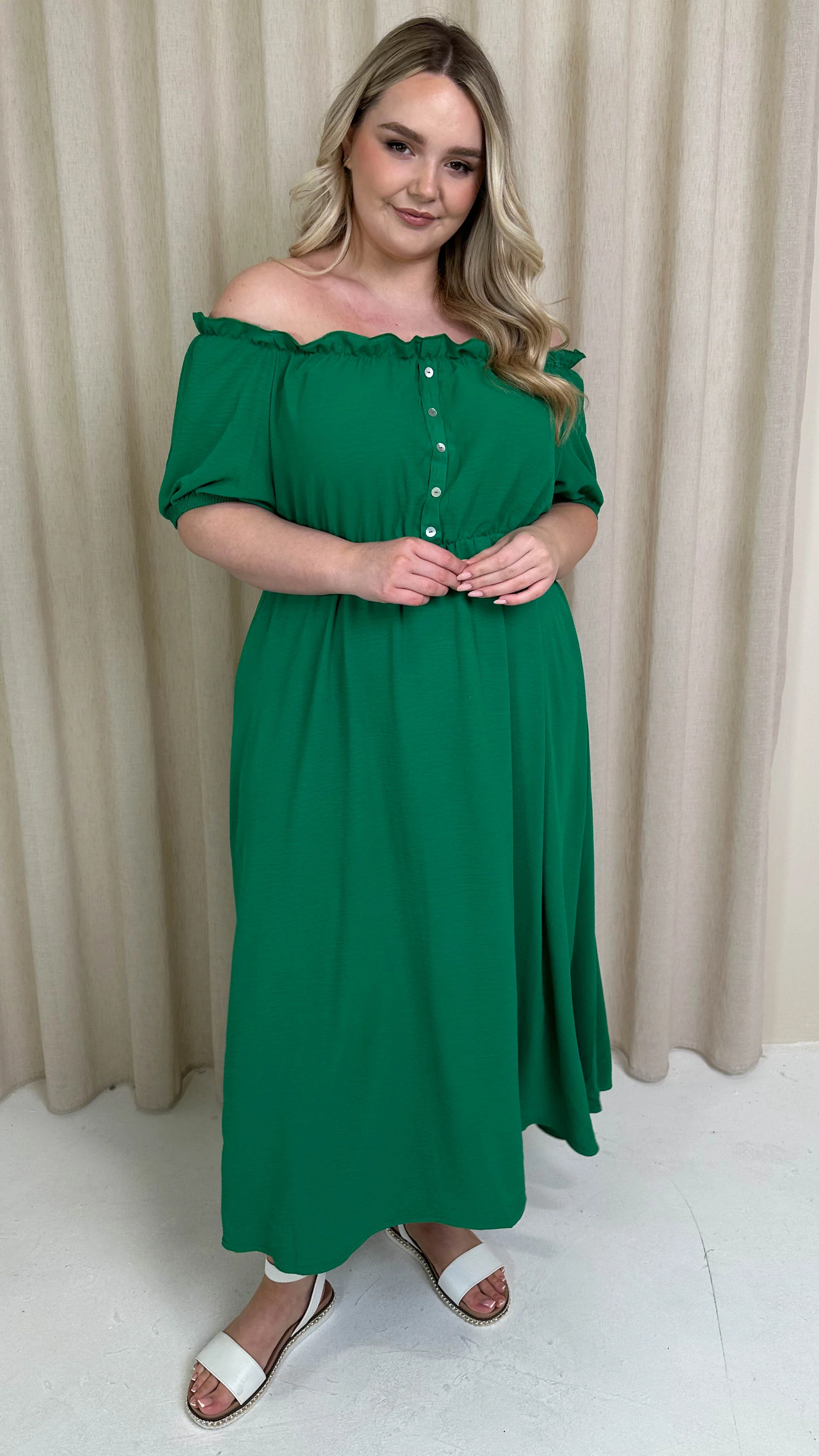 CurveWow Bardot Midi Dress Jade Green - Image 6