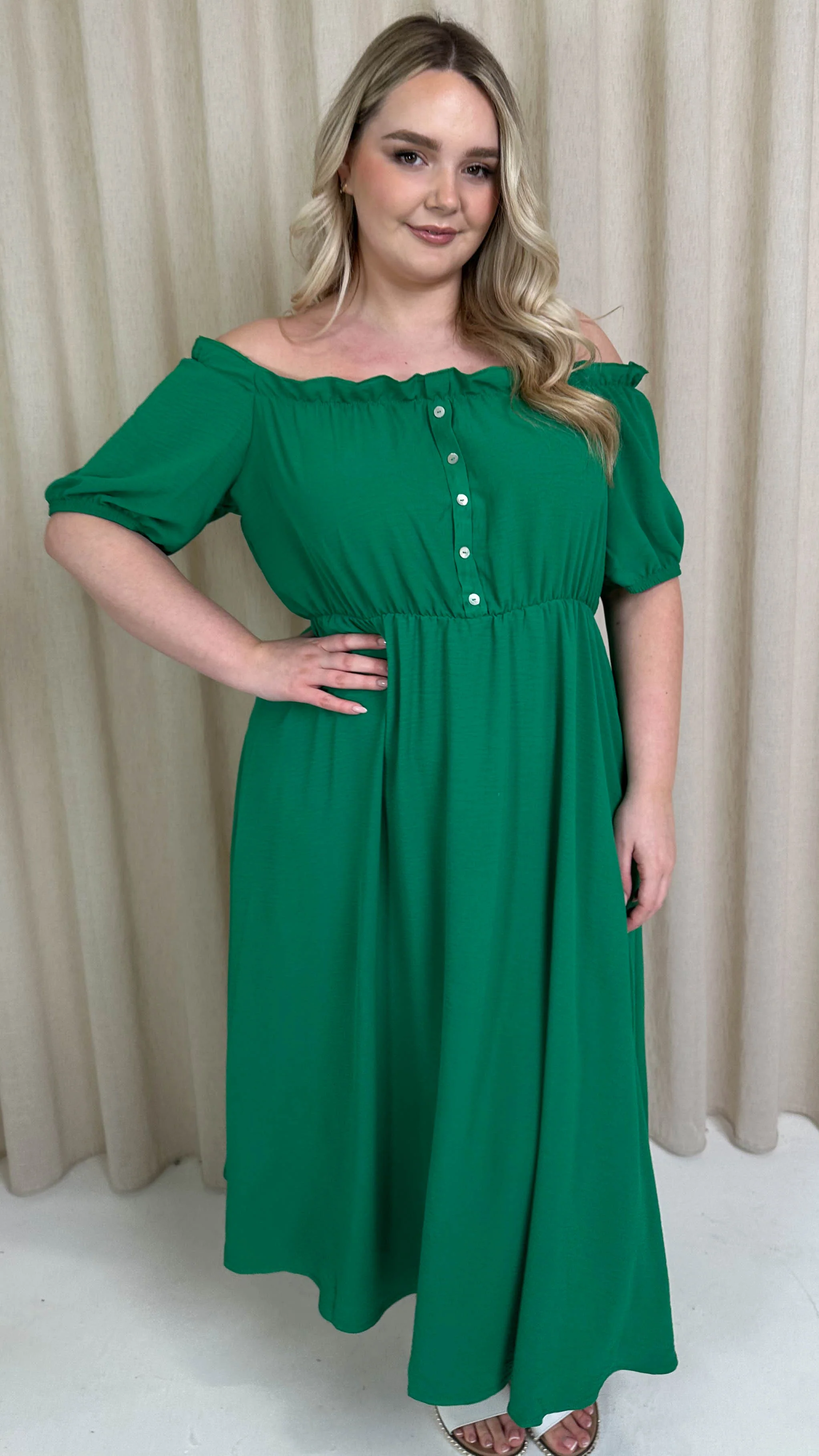 CurveWow Bardot Midi Dress Jade Green - Image 7
