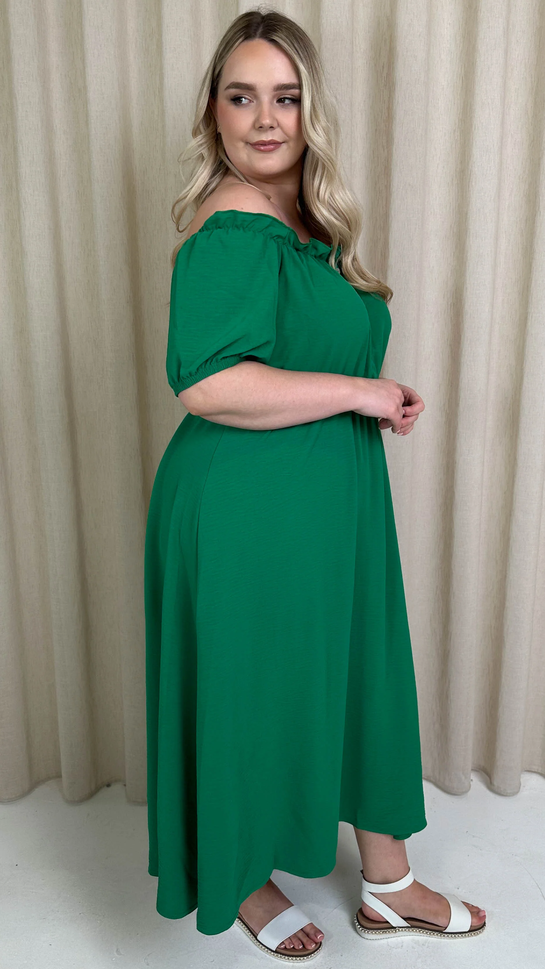 CurveWow Bardot Midi Dress Jade Green - Image 8