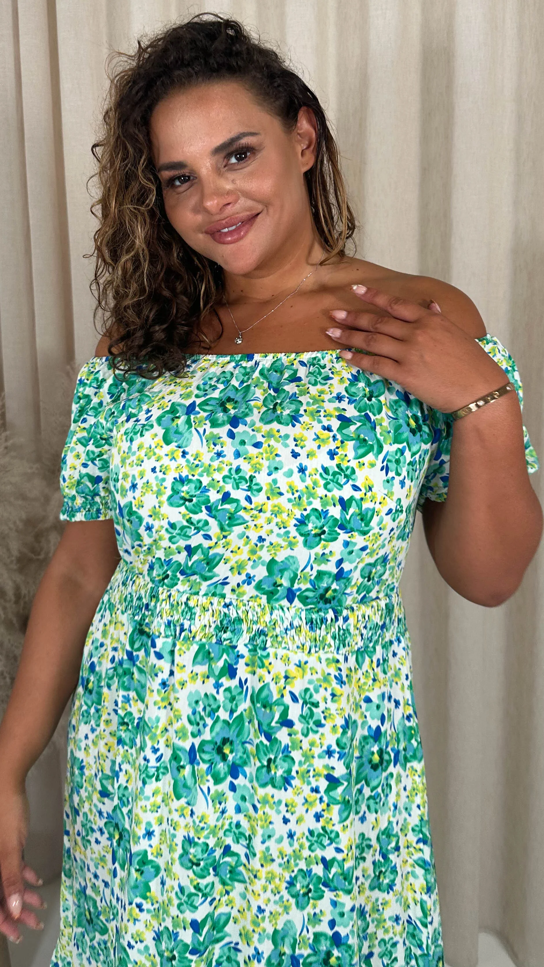 CurveWow Bardot Midi Dress Turquoise Ditsy Floral - Image 2