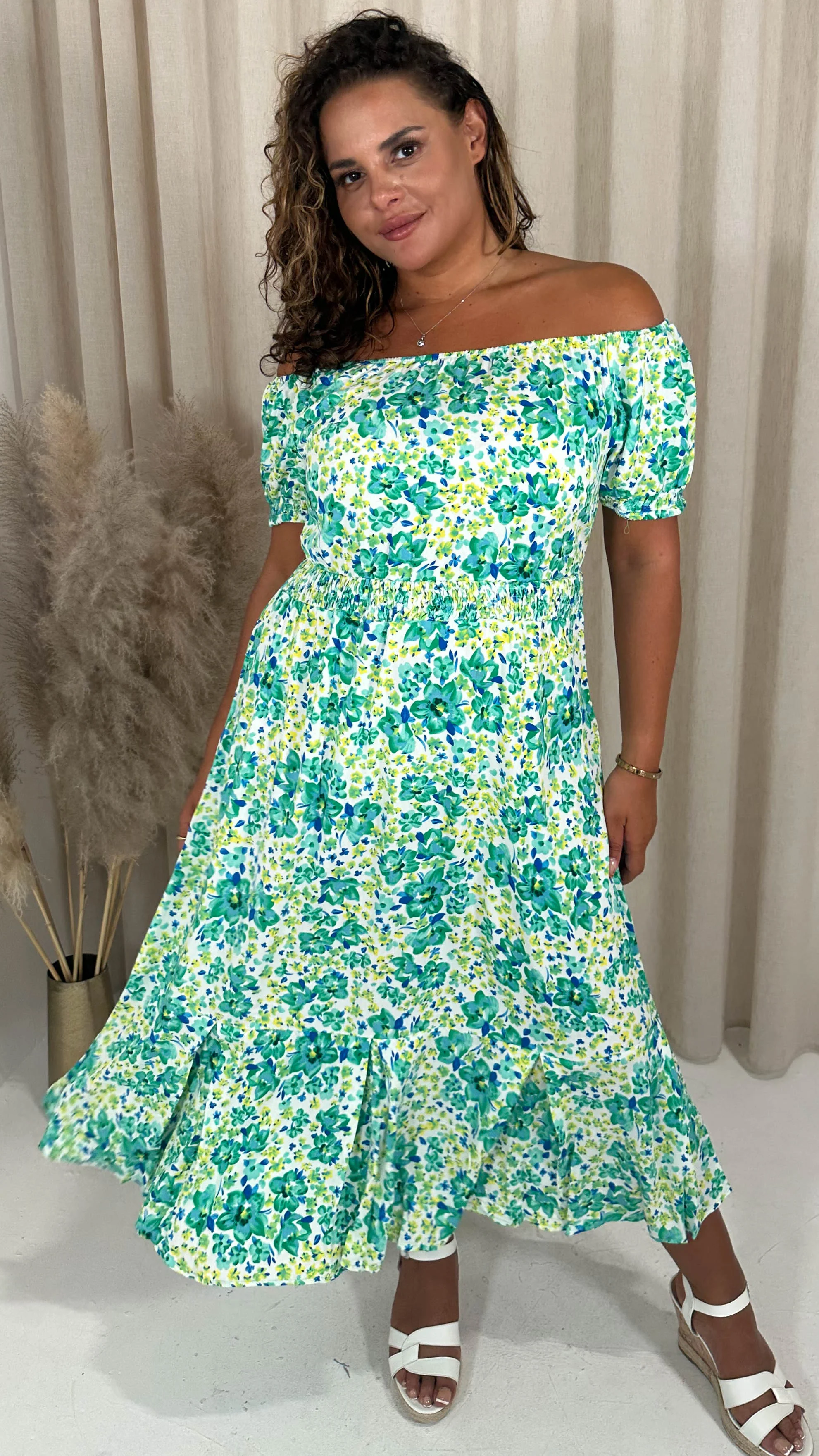 CurveWow Bardot Midi Dress Turquoise Ditsy Floral - Image 3