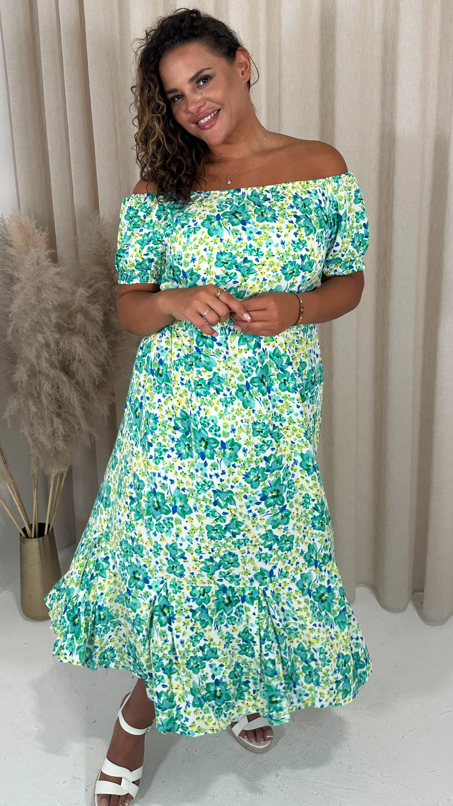 CurveWow Bardot Midi Dress Turquoise Ditsy Floral - Image 6