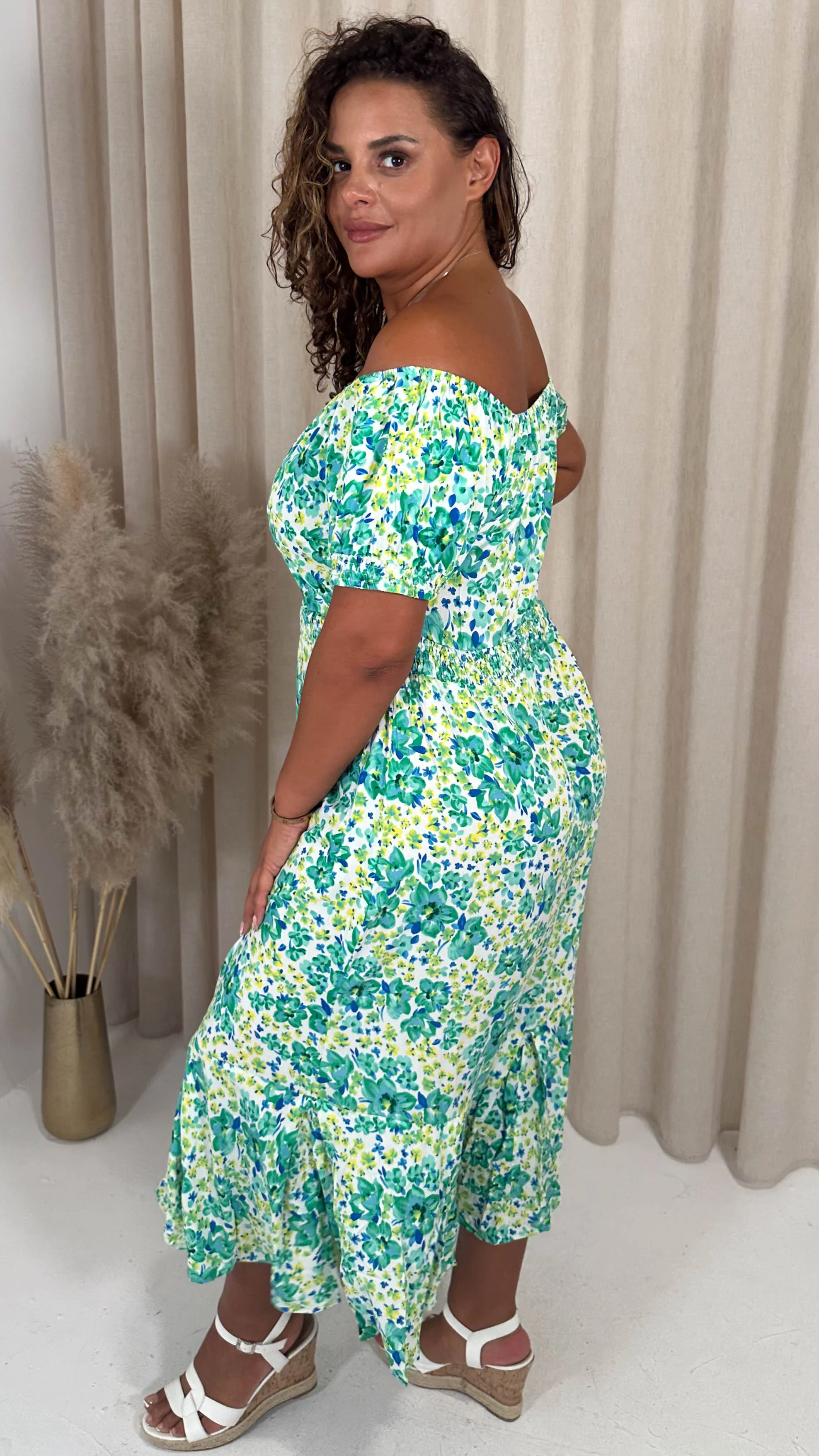 CurveWow Bardot Midi Dress Turquoise Ditsy Floral - Image 8