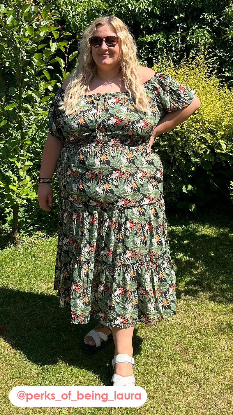 CurveWow Bardot Shirred Waist Midi Dress Black Tropical - Image 2