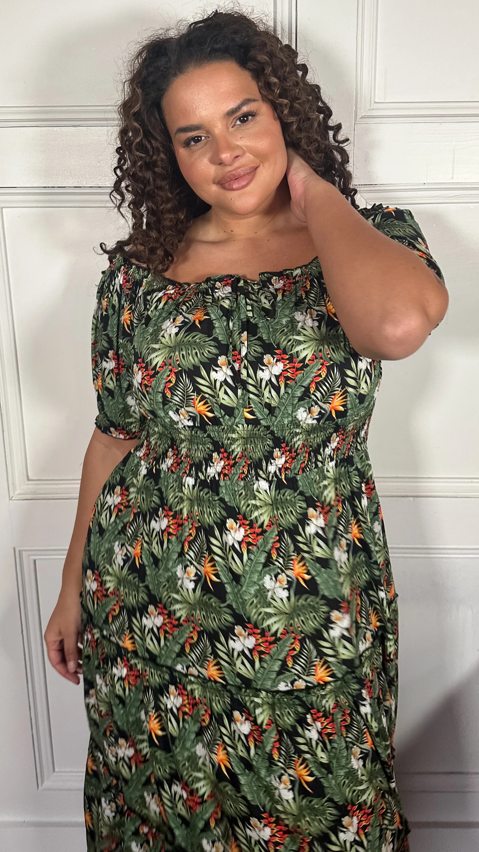 CurveWow Bardot Shirred Waist Midi Dress Black Tropical - Image 3