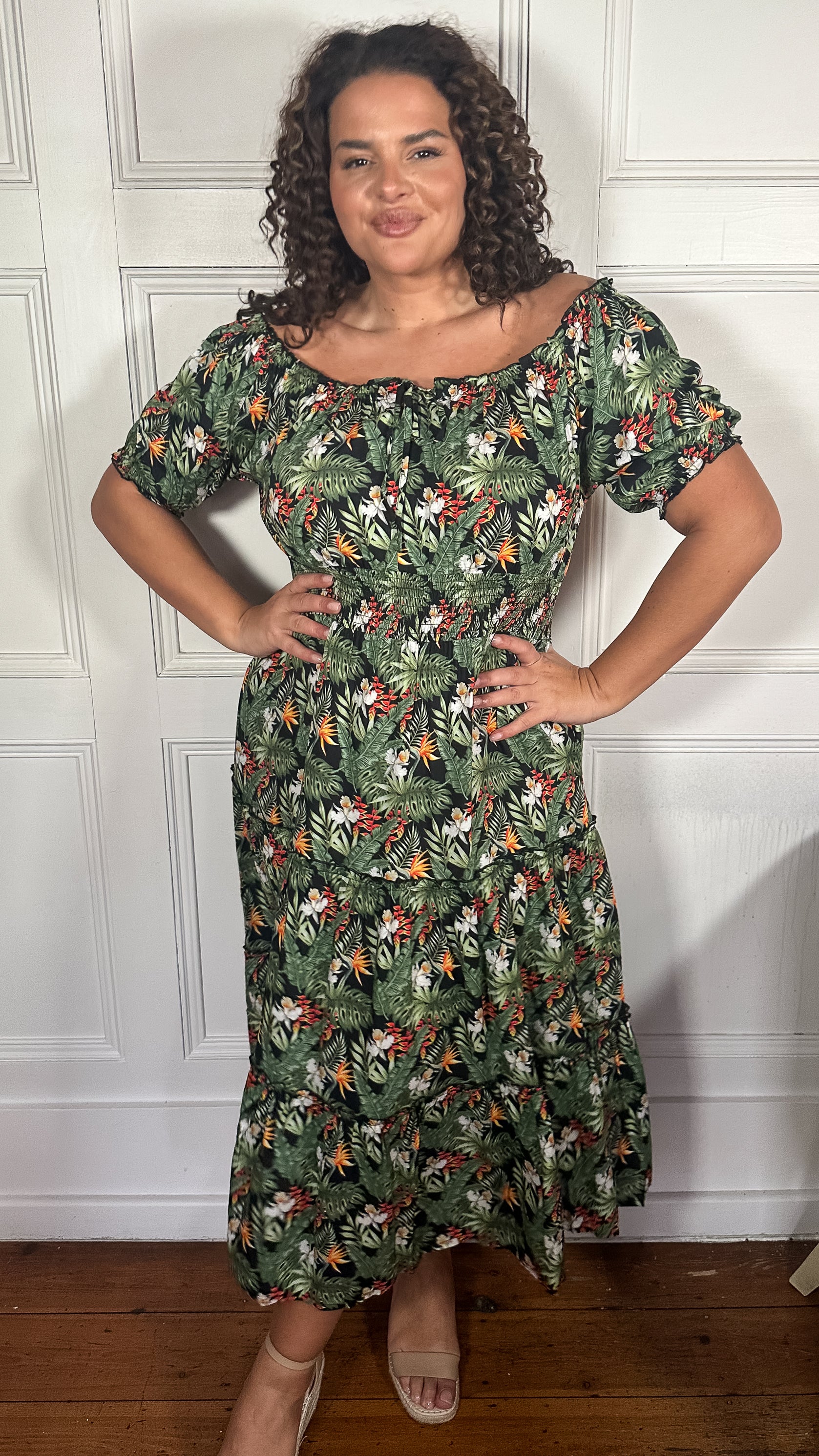 CurveWow Bardot Shirred Waist Midi Dress Black Tropical - Image 4