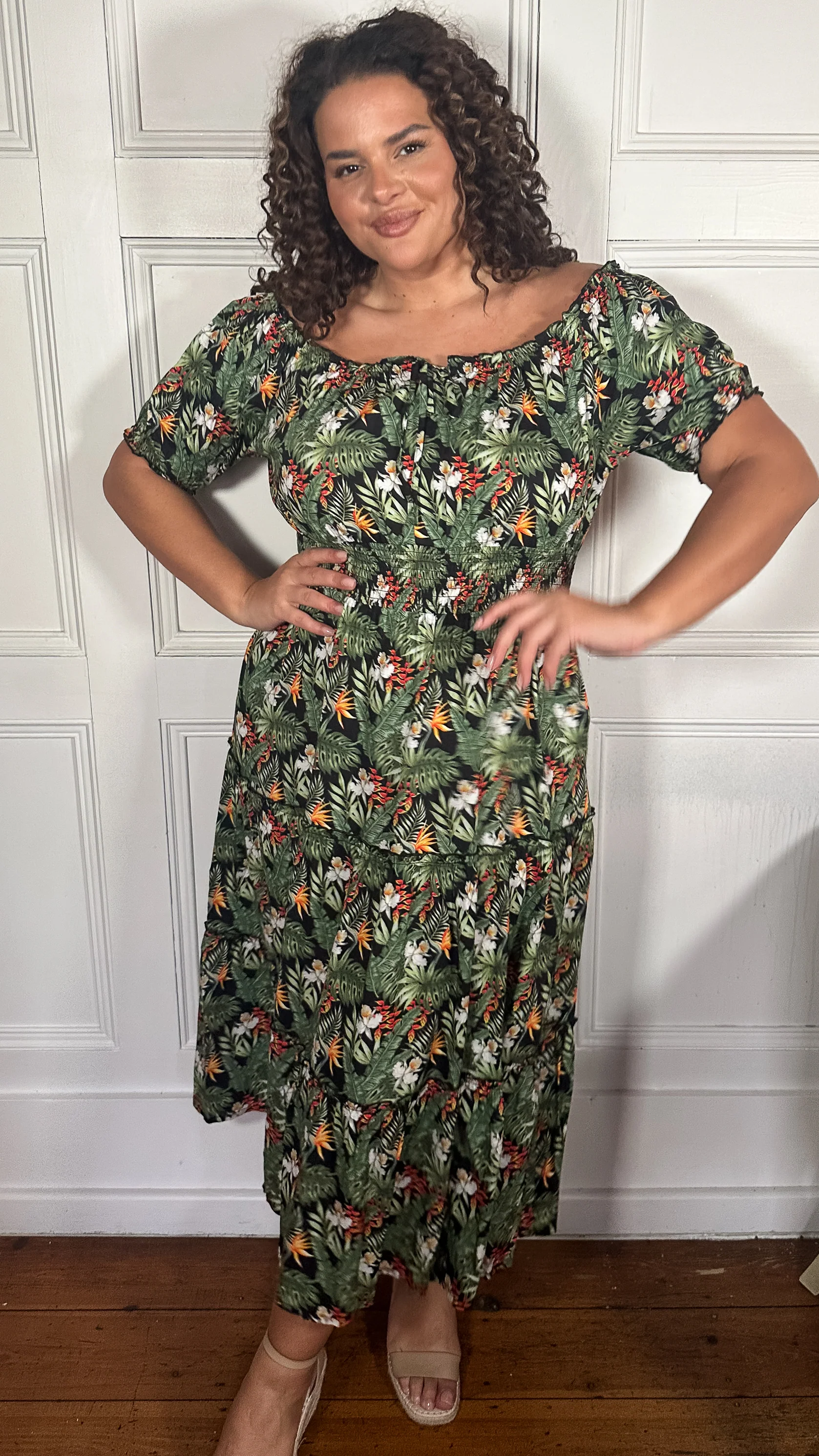 CurveWow Bardot Shirred Waist Midi Dress Black Tropical - Image 5