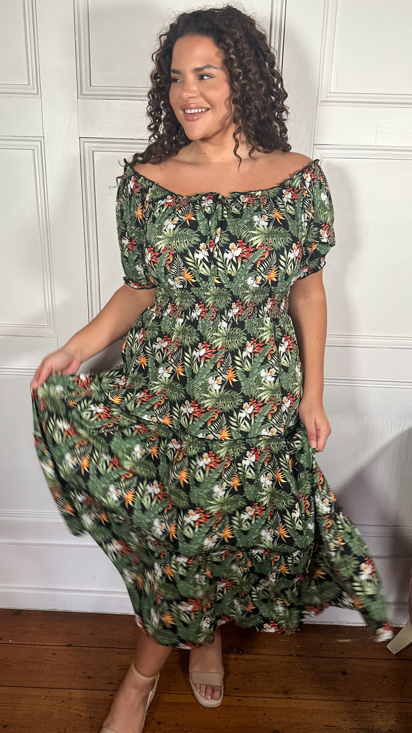 CurveWow Bardot Shirred Waist Midi Dress Black Tropical - Image 7
